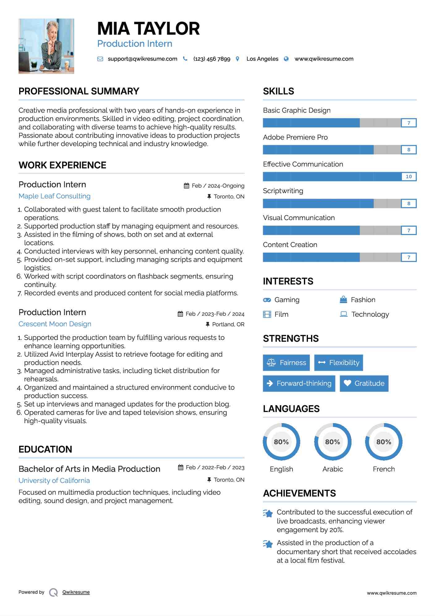 Production Intern Resume Example