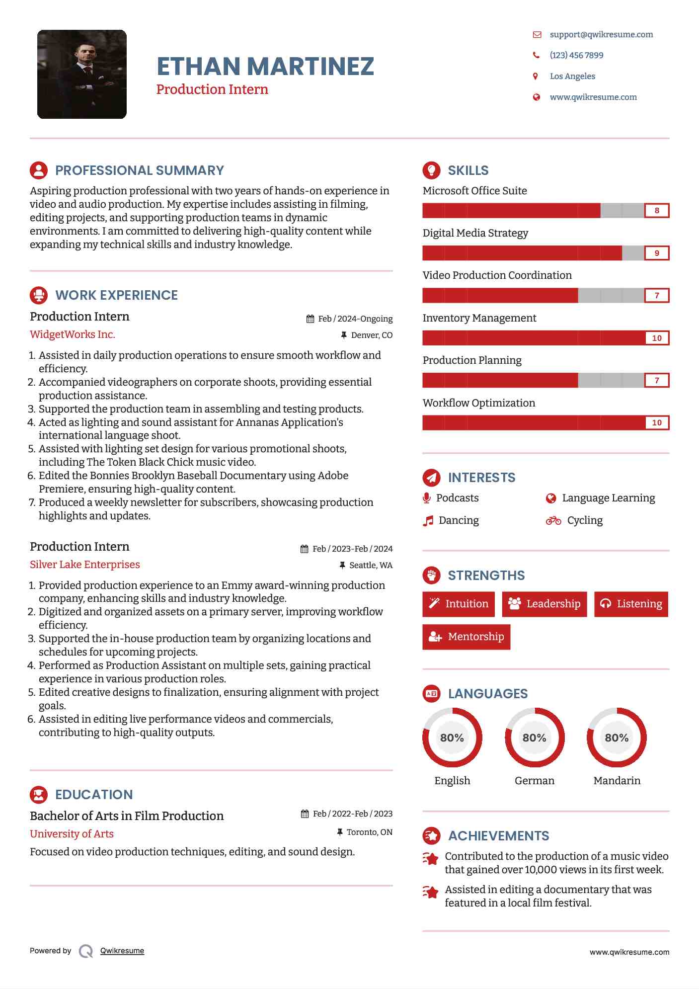 Production Intern Resume Template