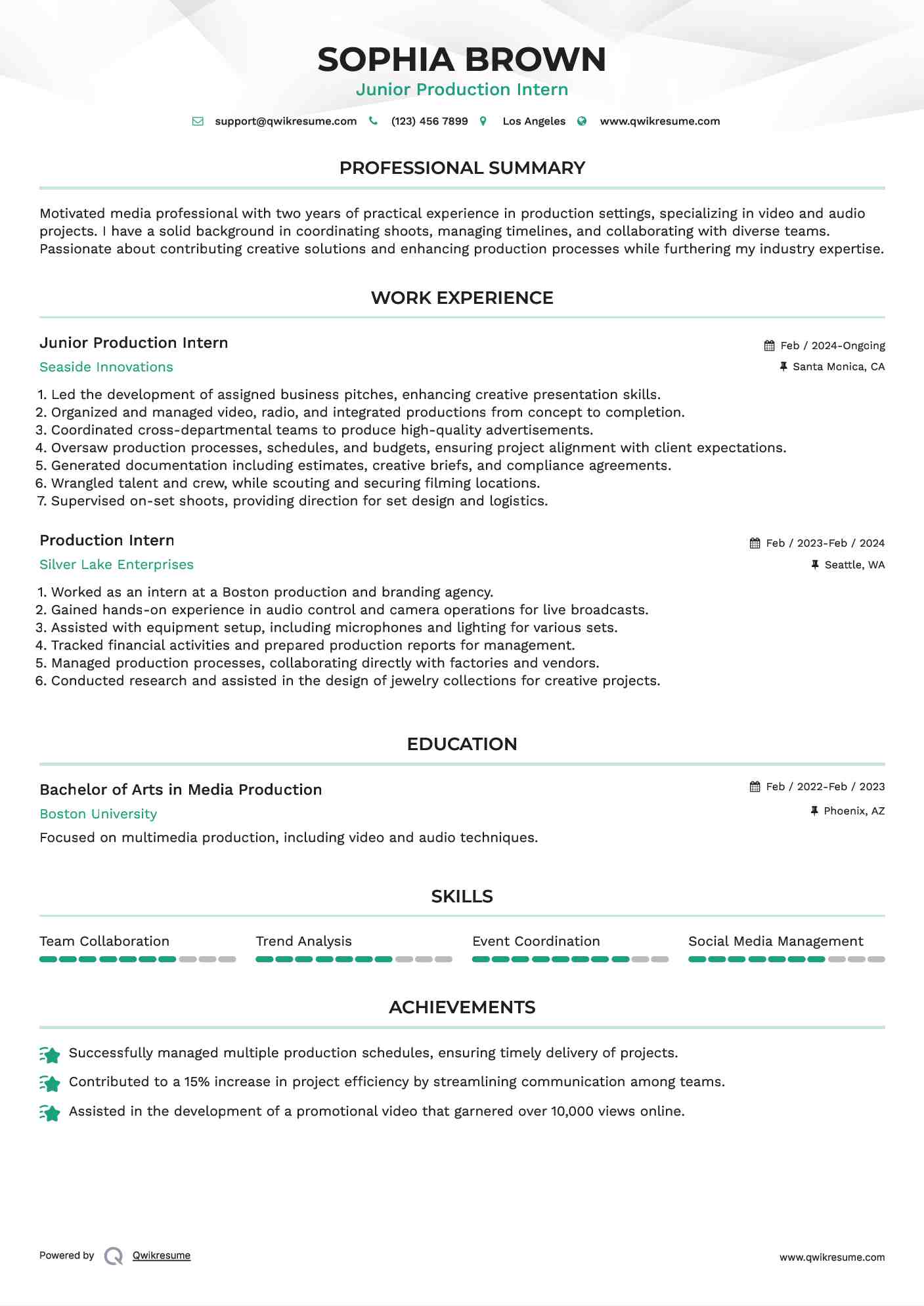 Junior Production Intern Resume Template