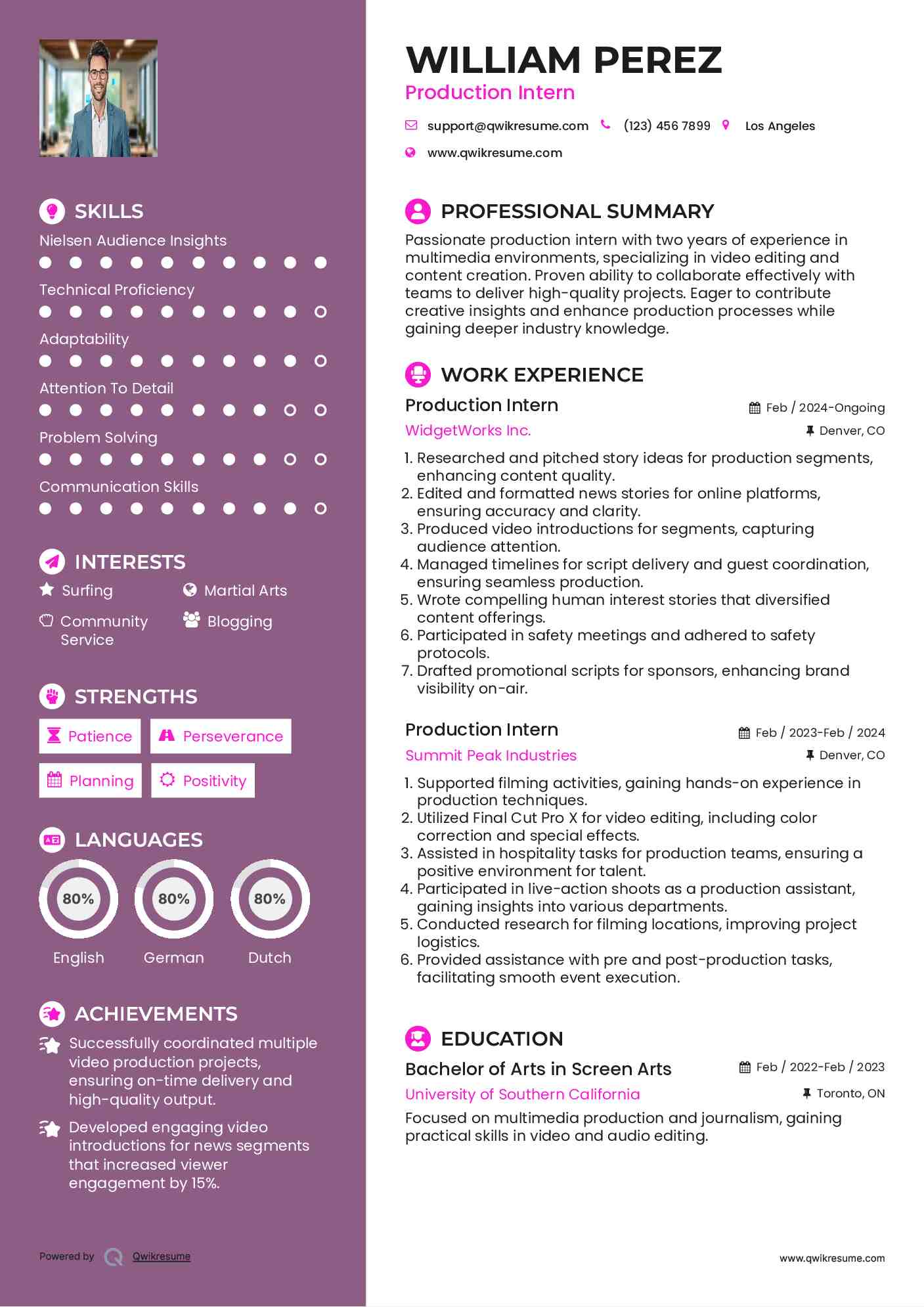 Production Intern Resume Example