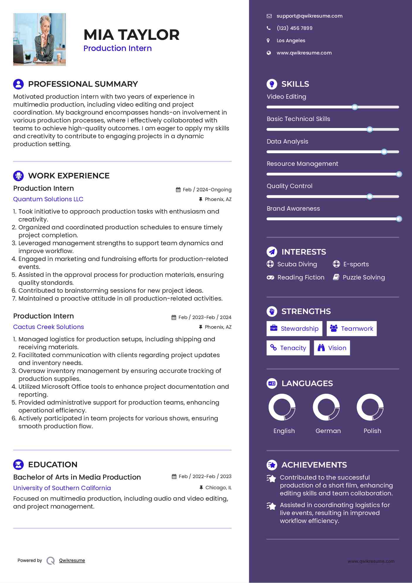 Production Intern Resume Example