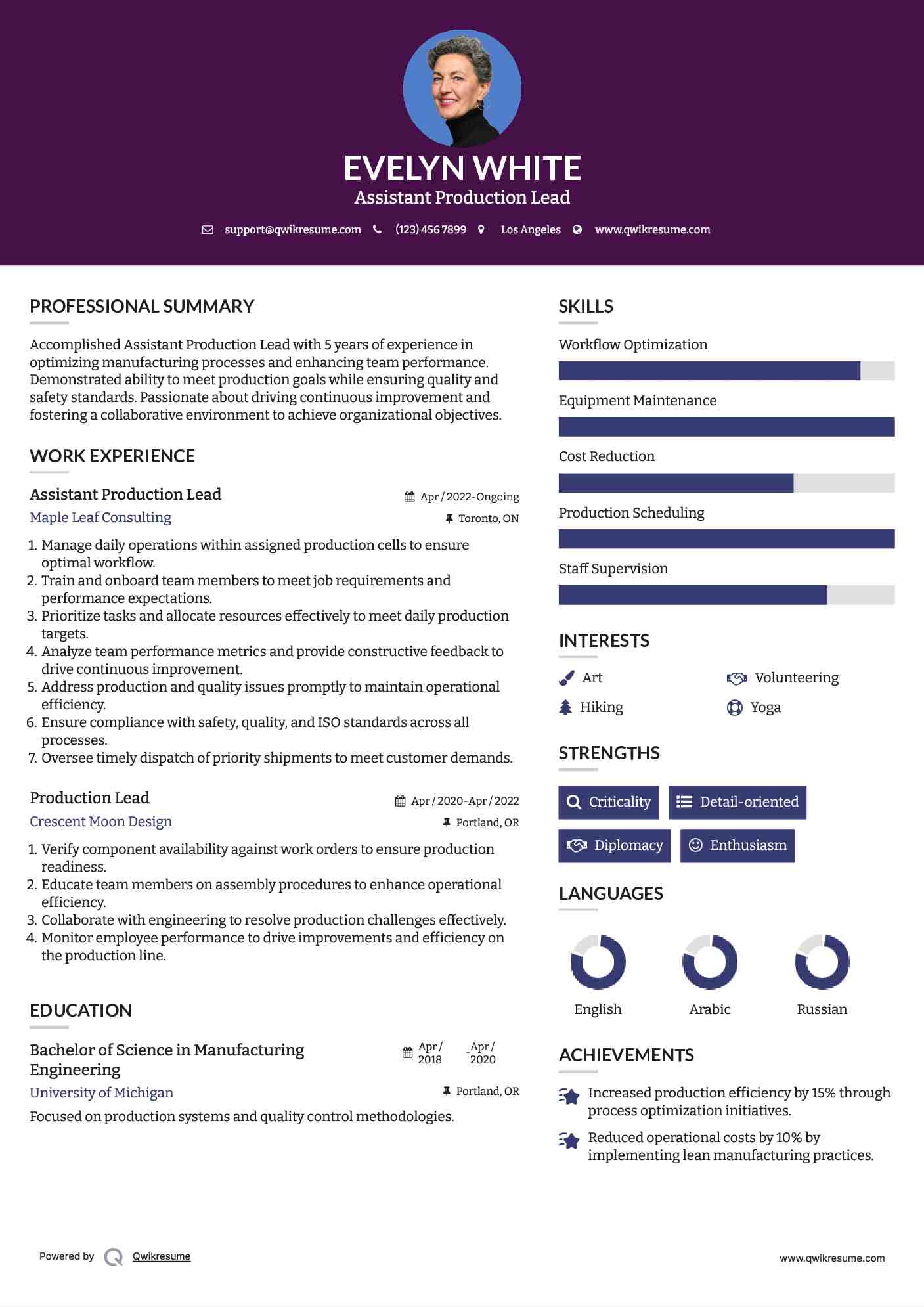 Assistant Production Lead Resume Model