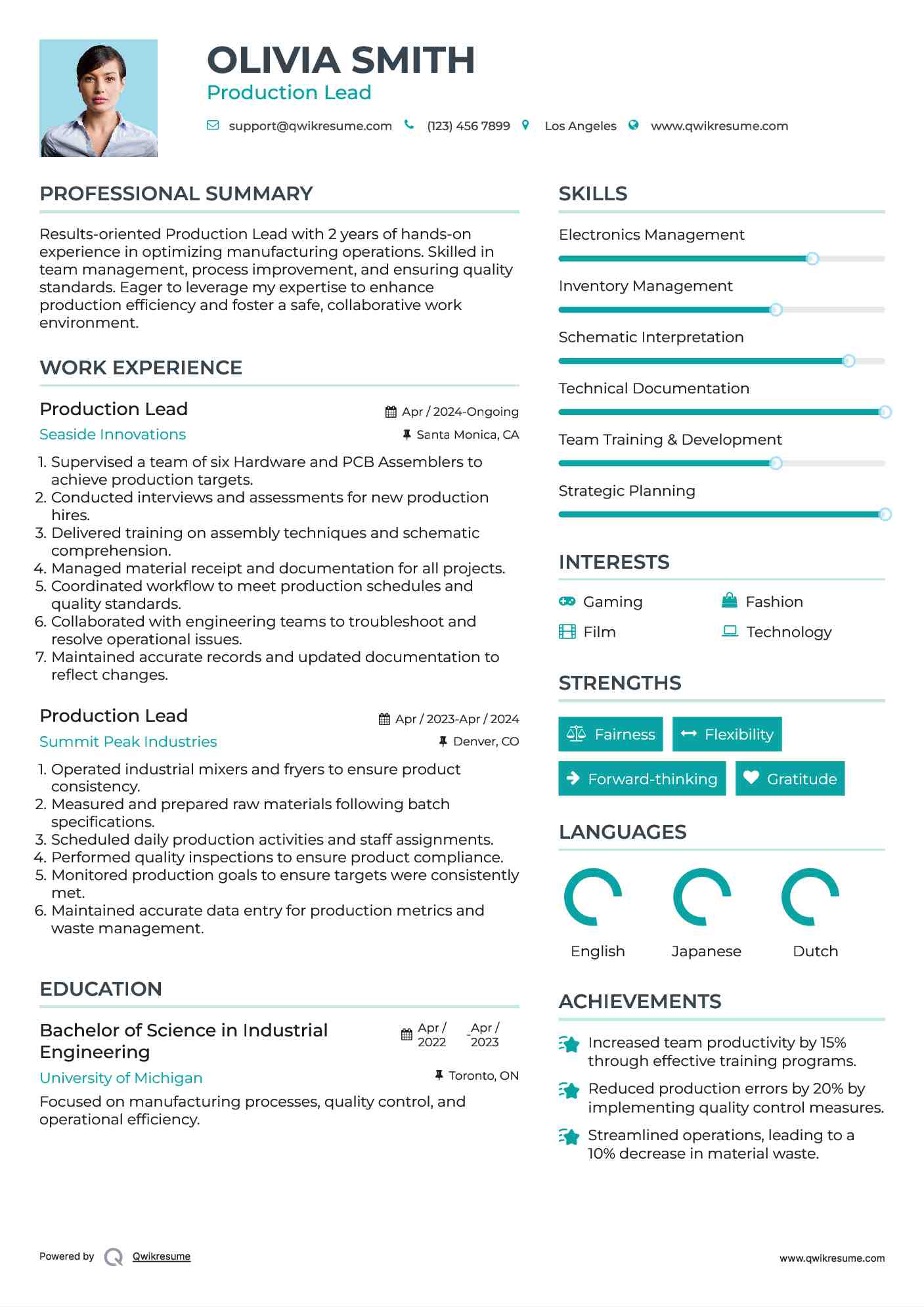 Production Lead Resume Example