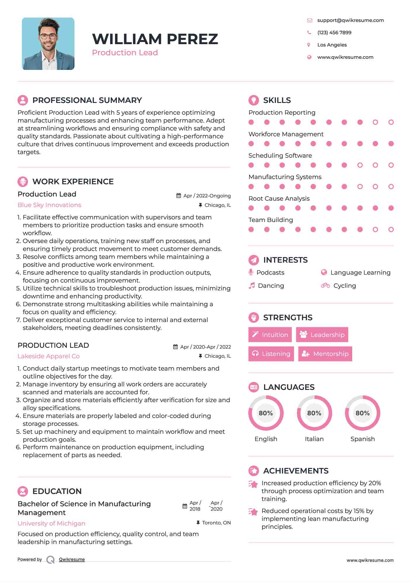 Production Lead Resume Sample