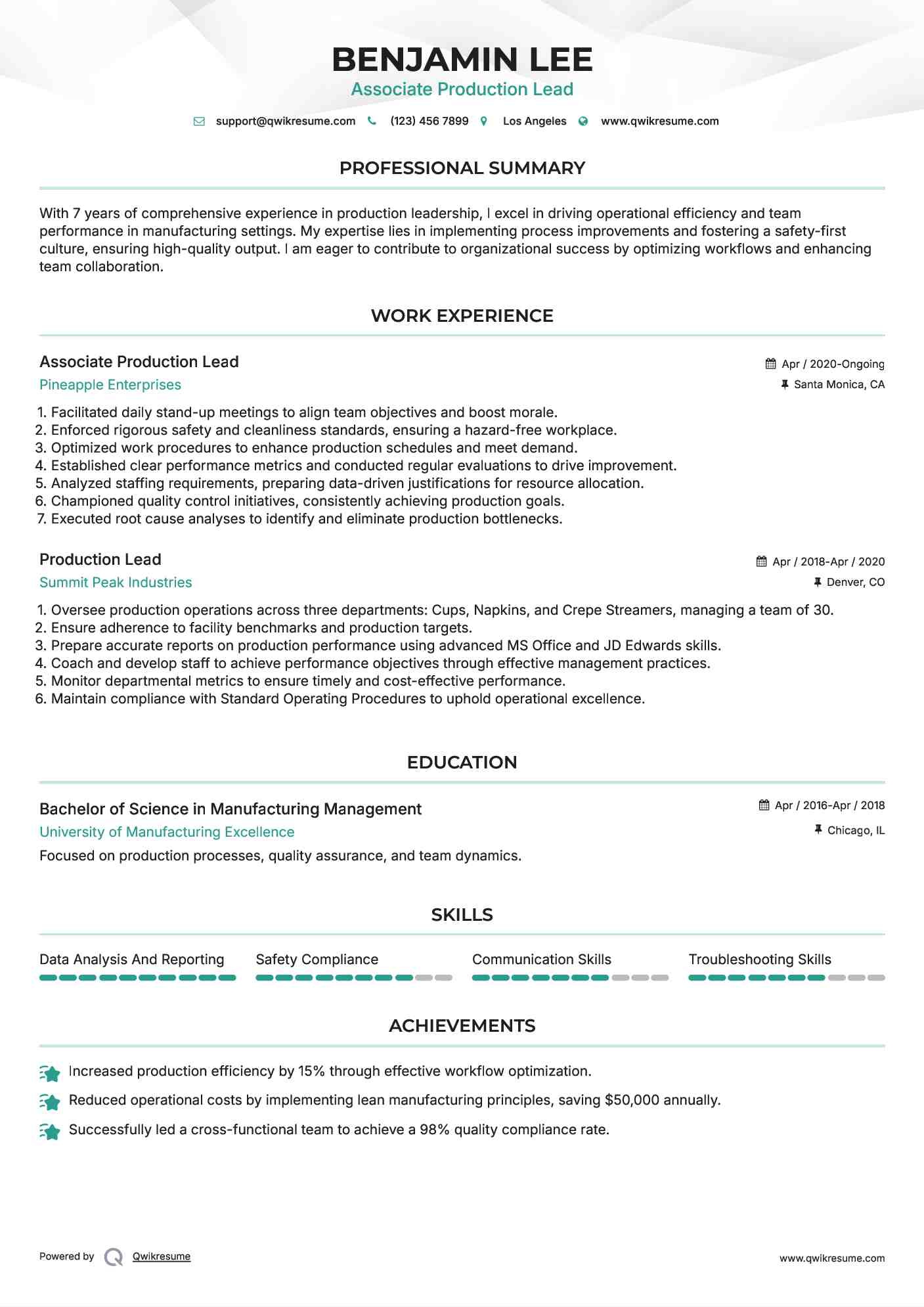 Associate Production Lead Resume Model