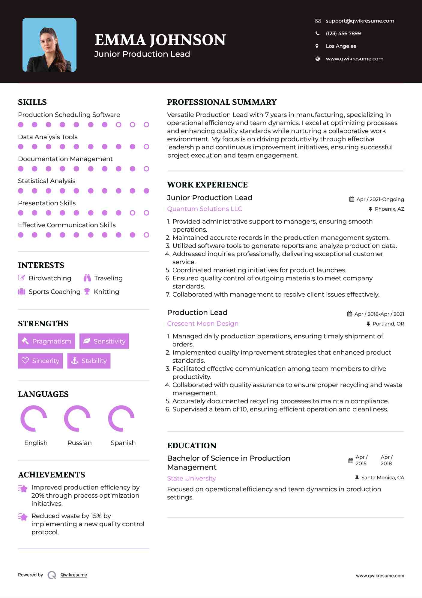 Junior Production Lead Resume Example