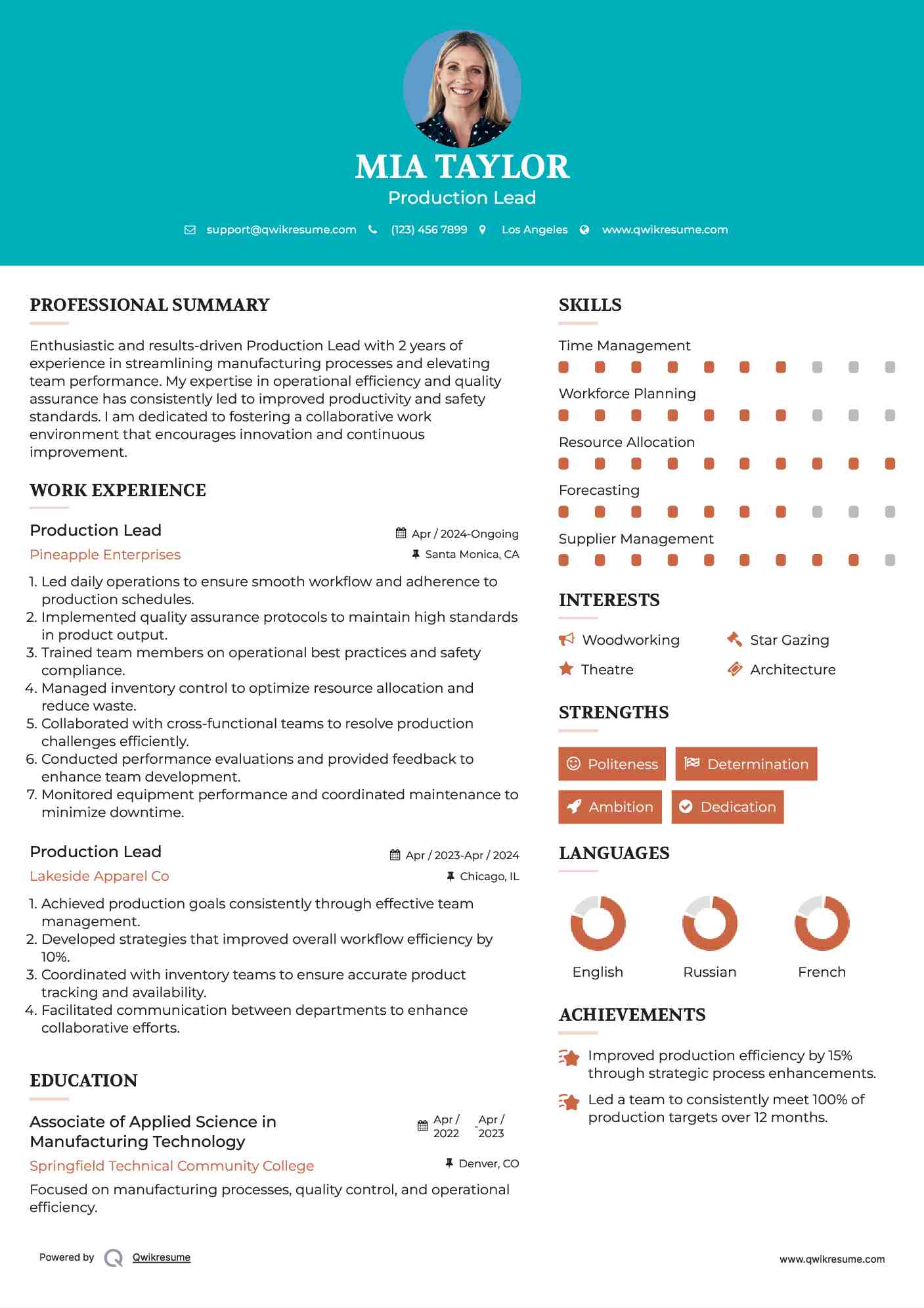 Production Lead Resume Model