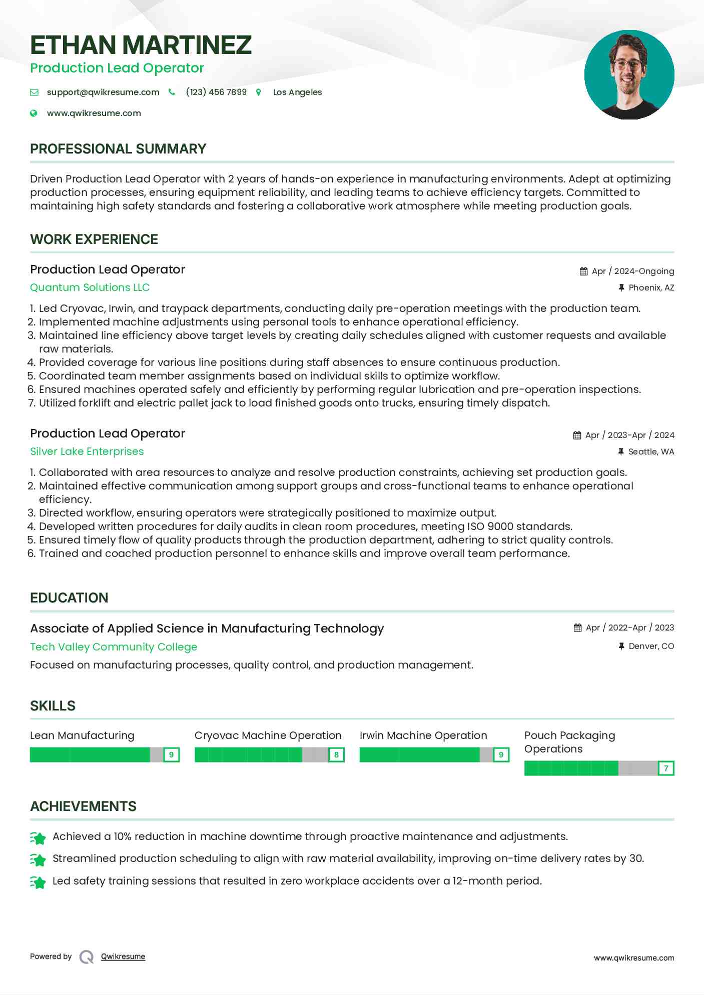 Production Lead Operator Resume Model