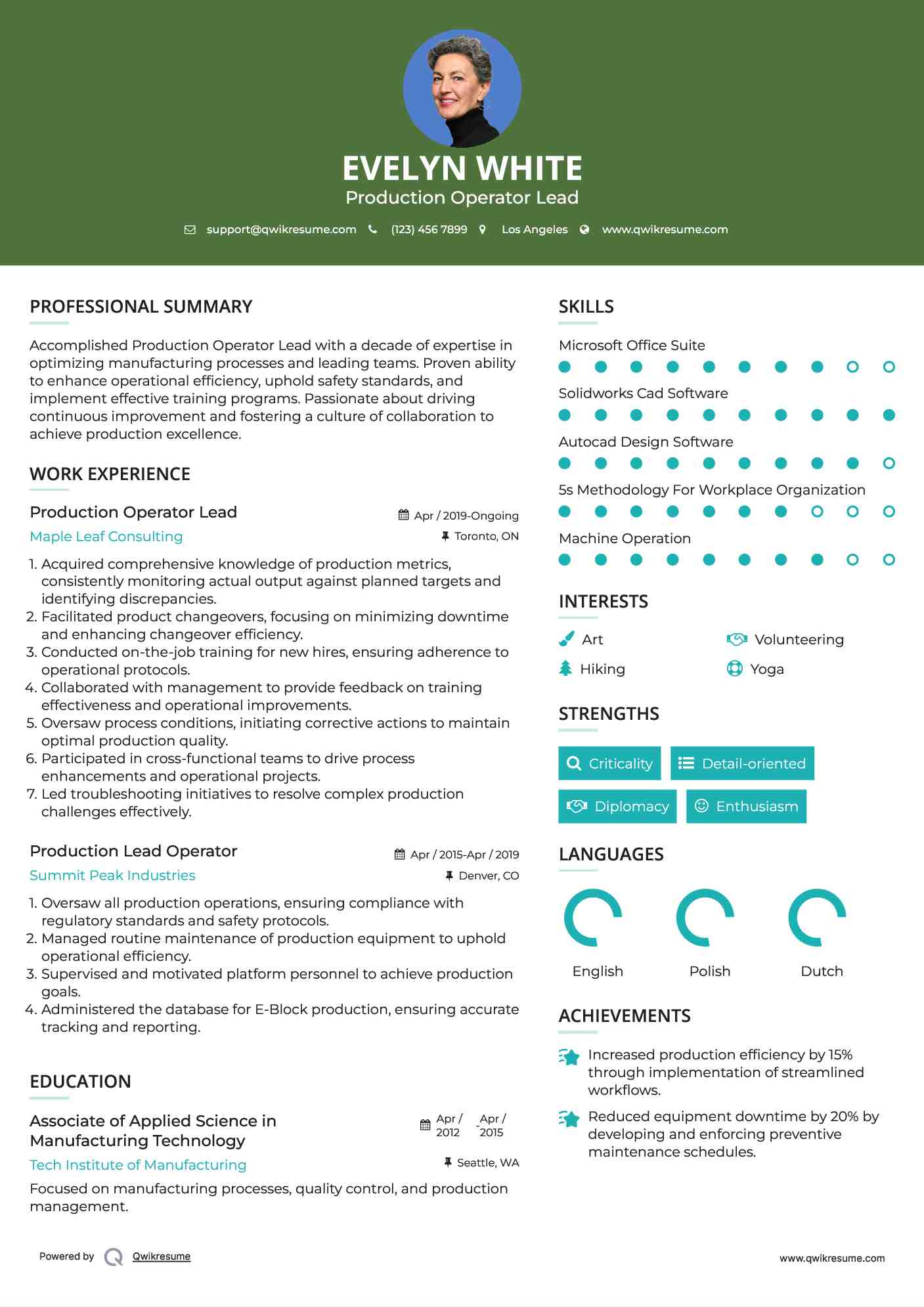 Production Operator Lead Resume Template