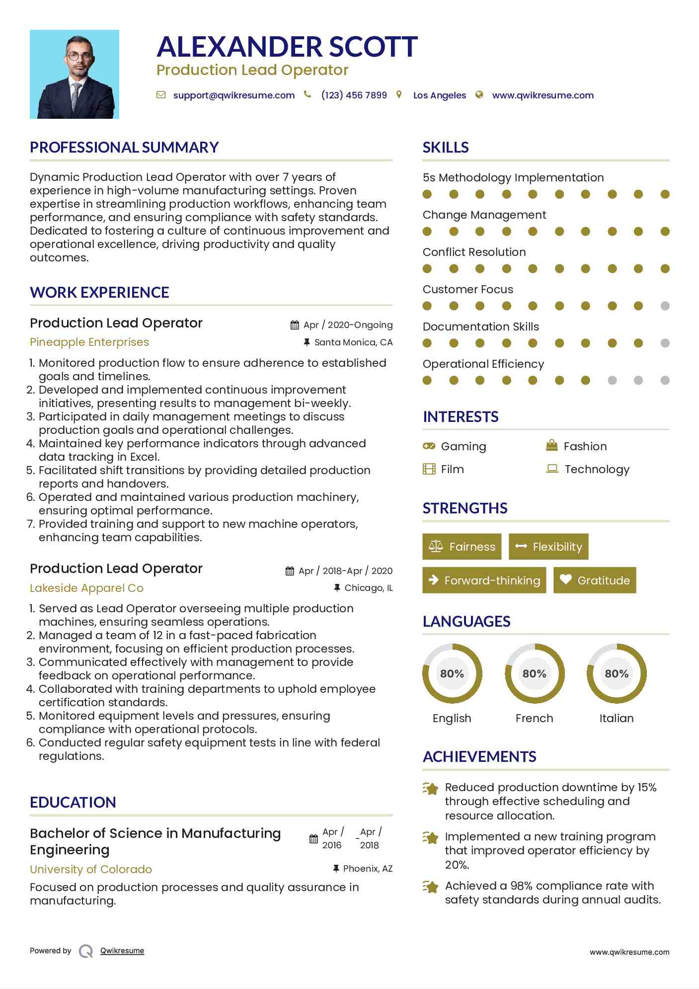 Production Lead Operator Resume Model