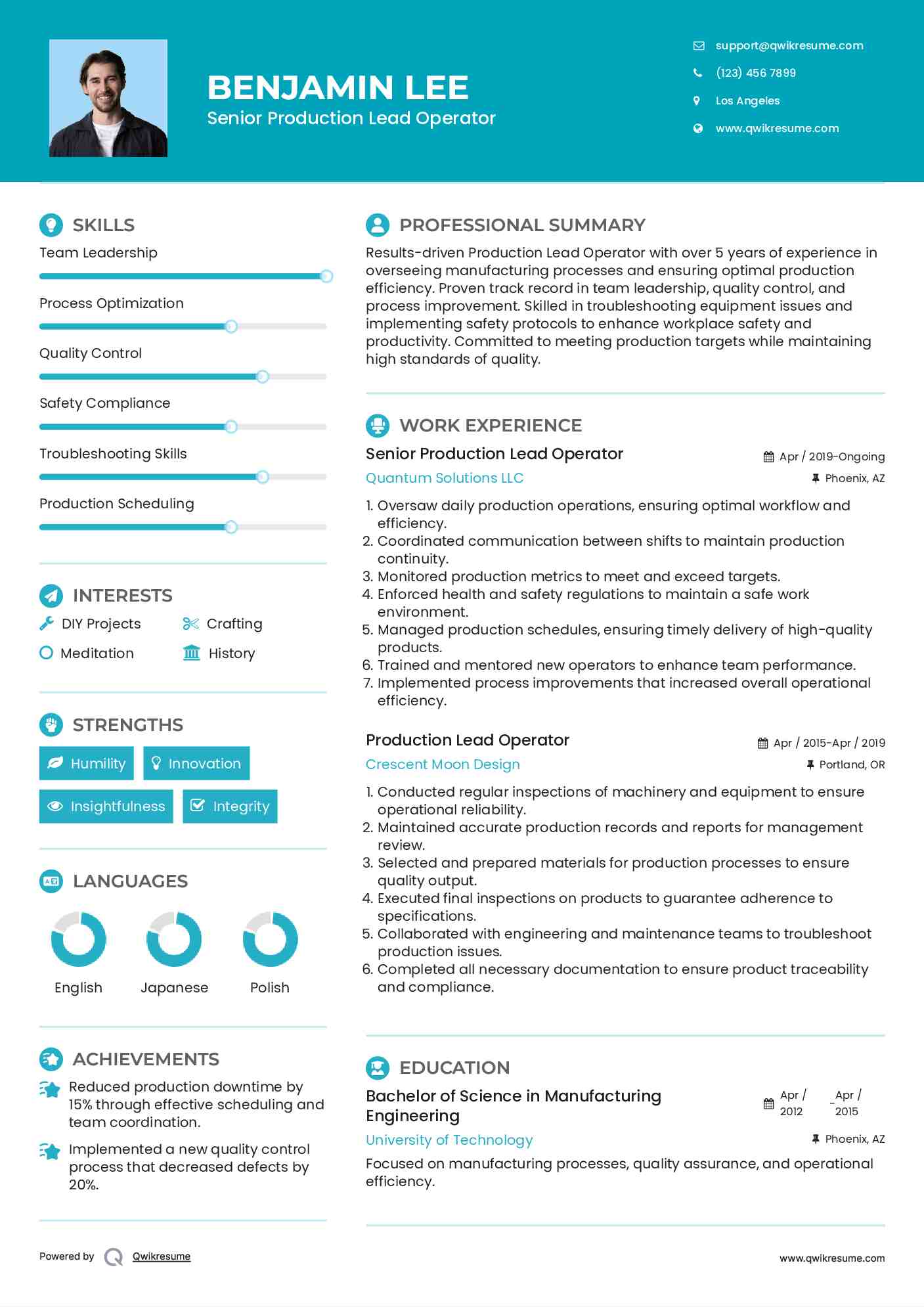 Senior Production Lead Operator Resume Sample