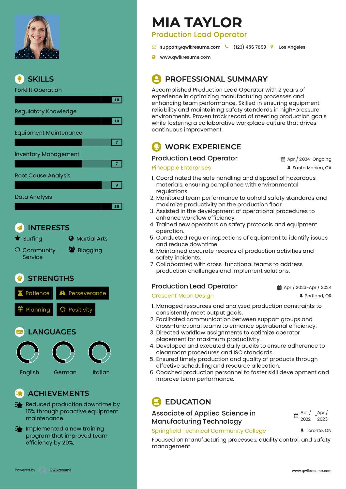 Production Lead Operator Resume Format