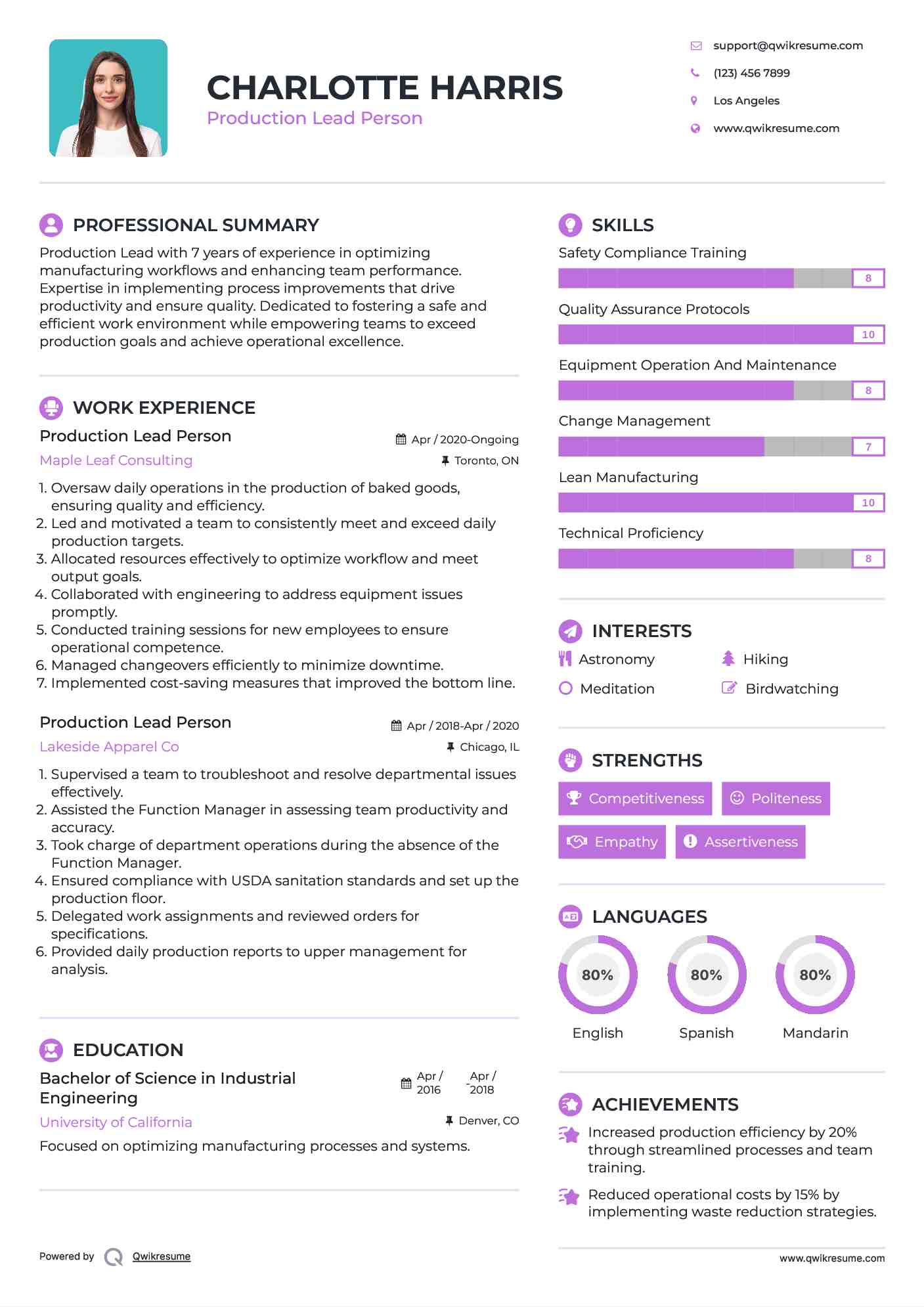 Production Lead Person Resume Template