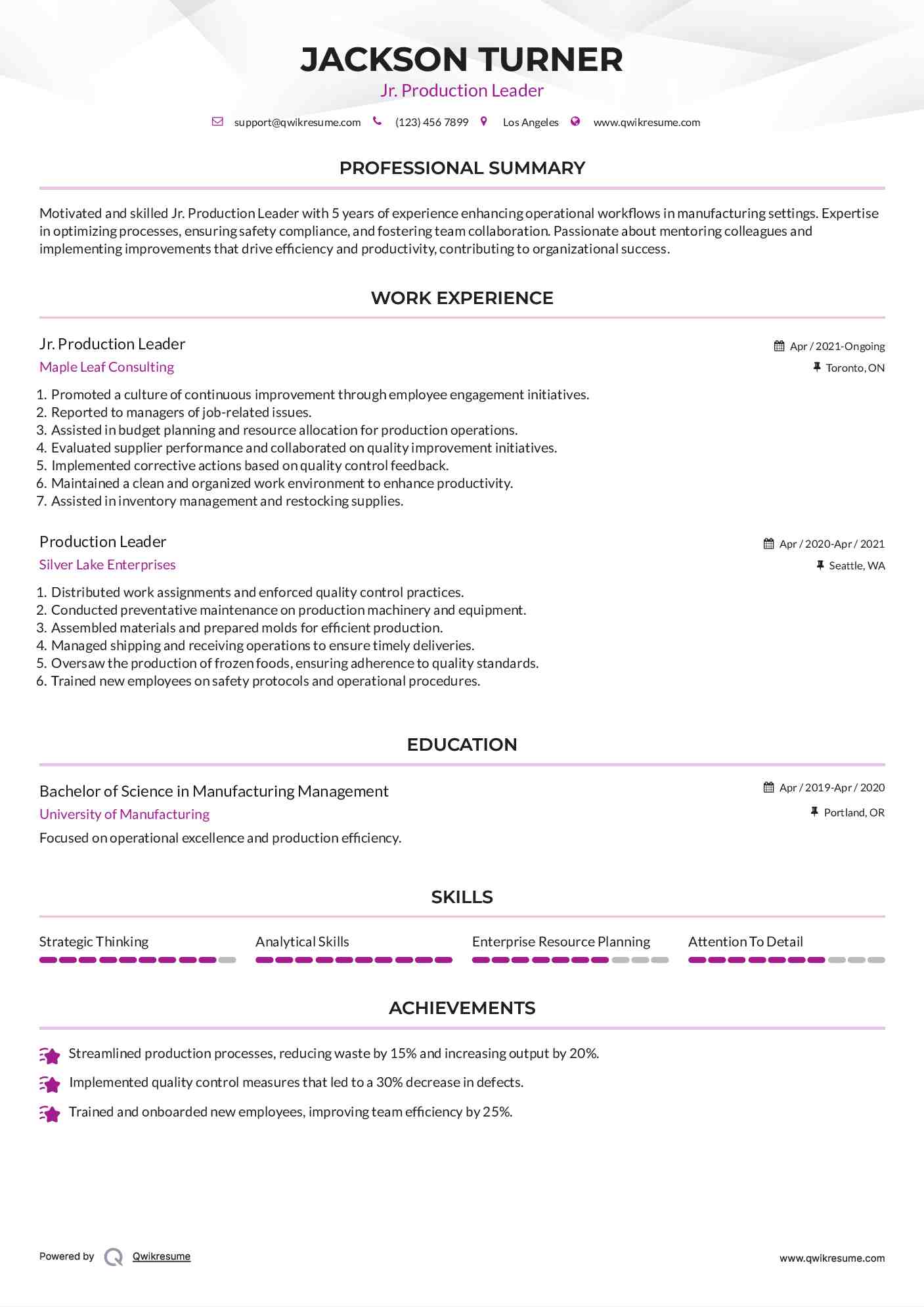 Jr. Production Leader Resume Example