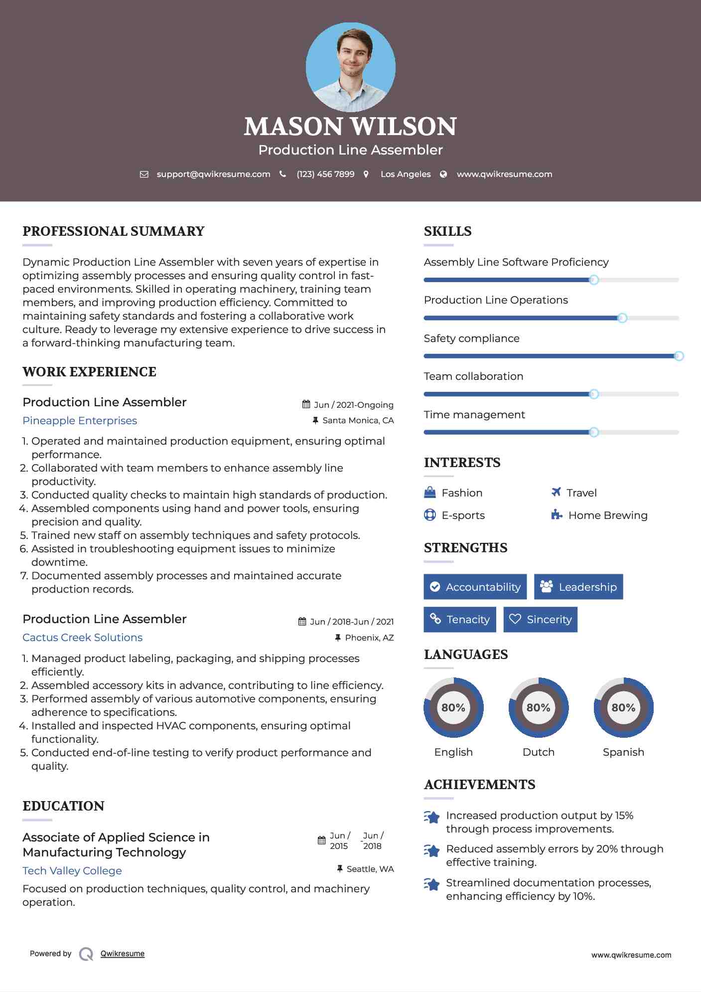 Production Line Assembler Resume Model