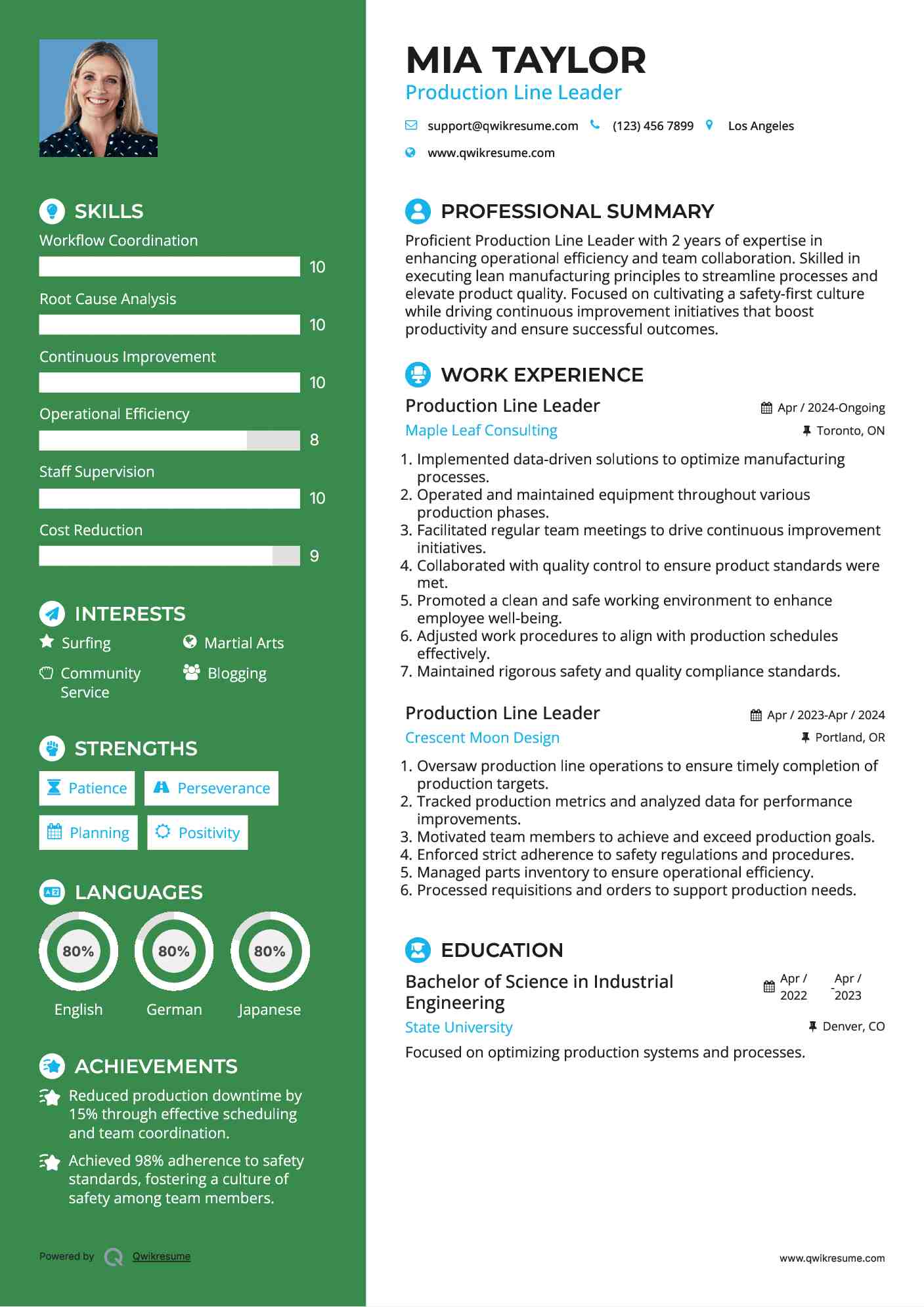 Production Line Leader Resume Example