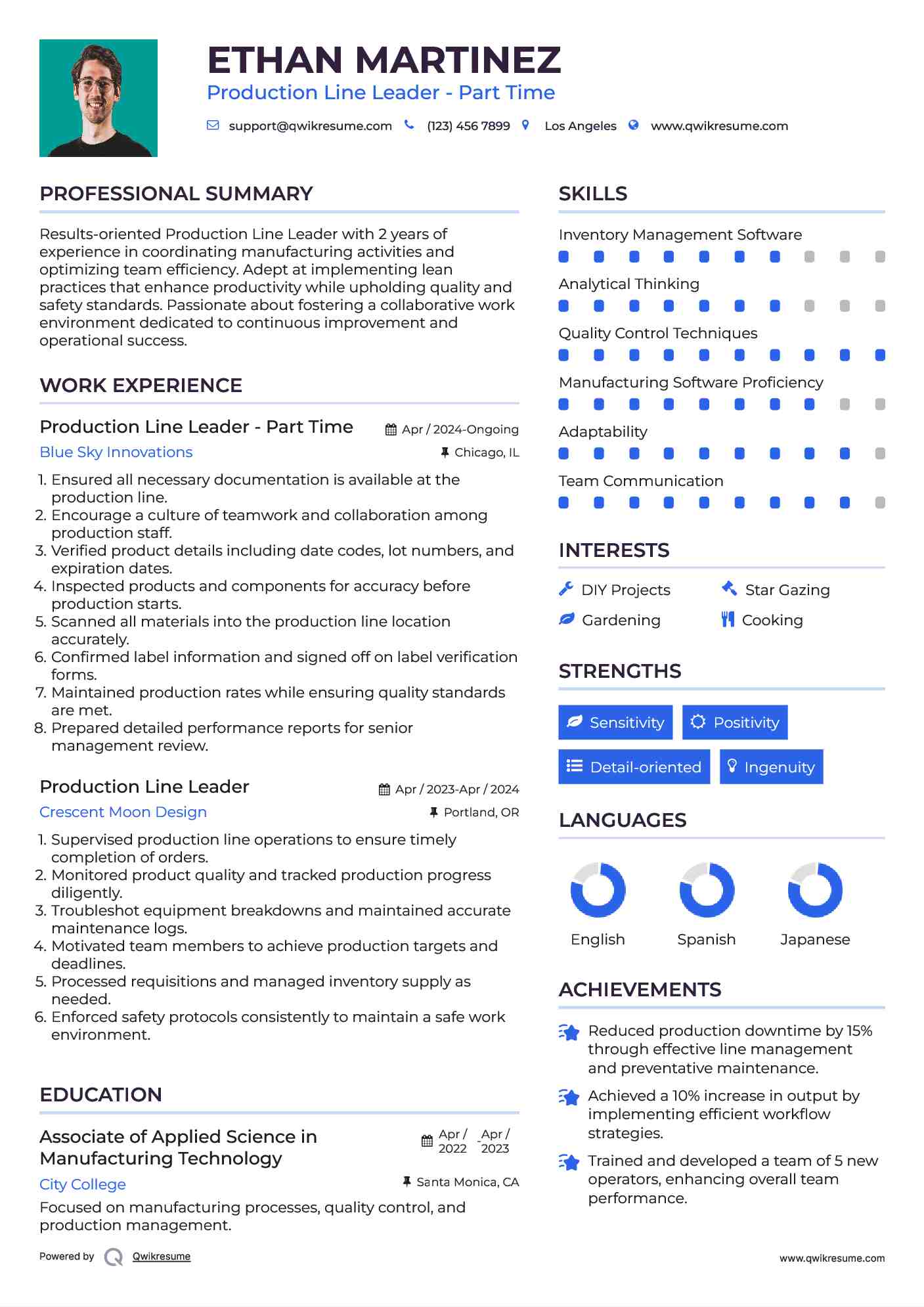Production Line Leader Resume Samples QwikResume