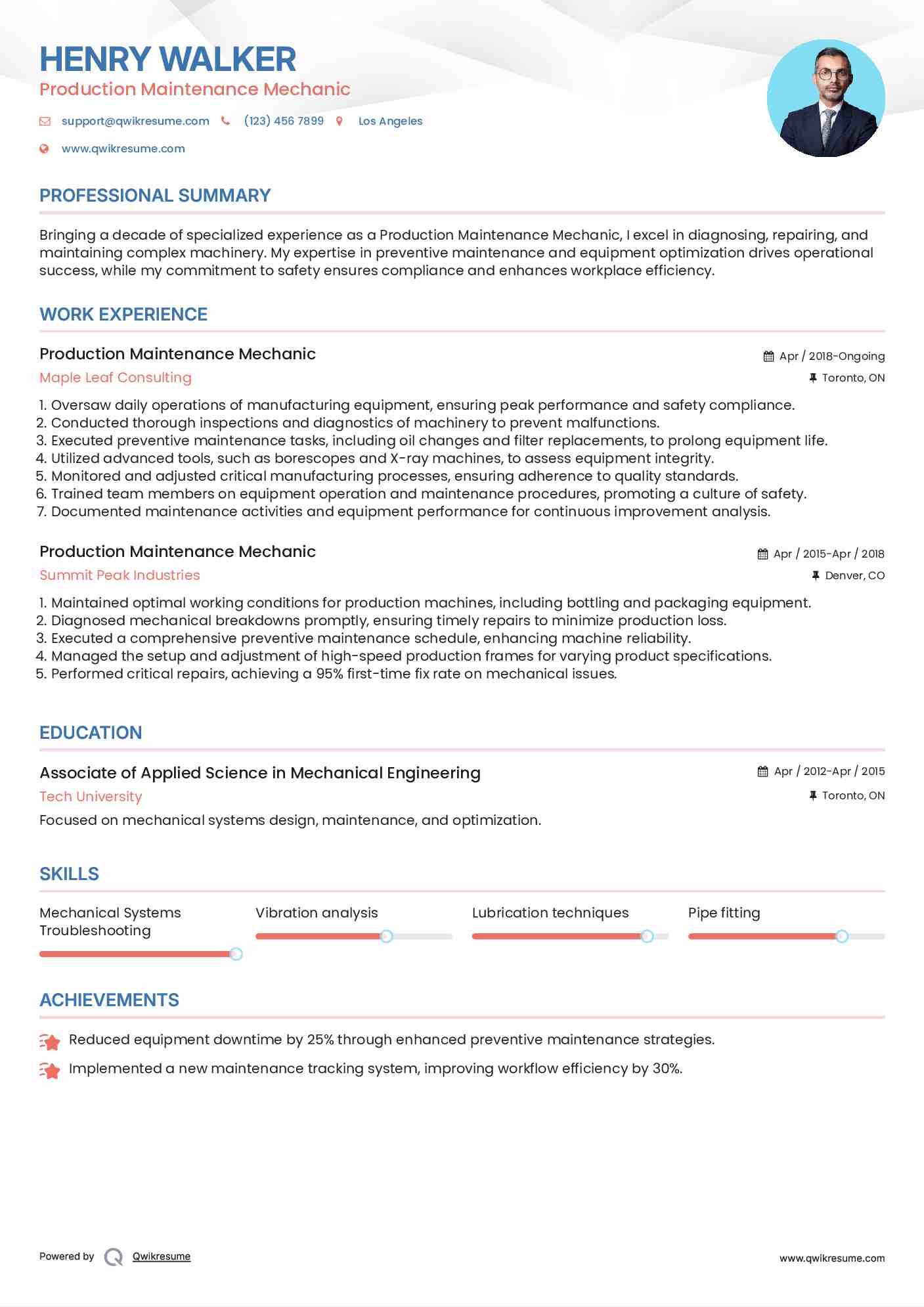 Production Maintenance Mechanic Resume Sample