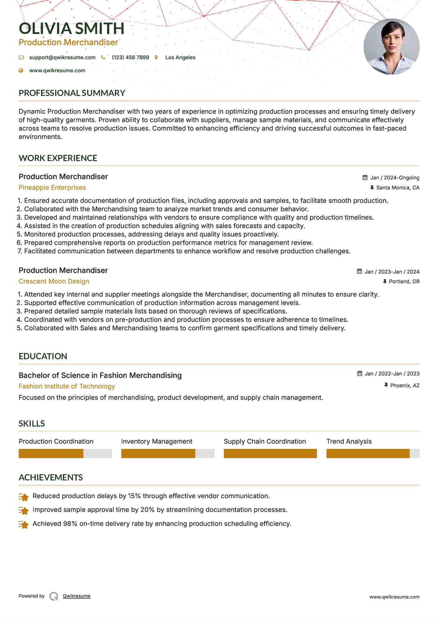 Production Merchandiser Resume Template