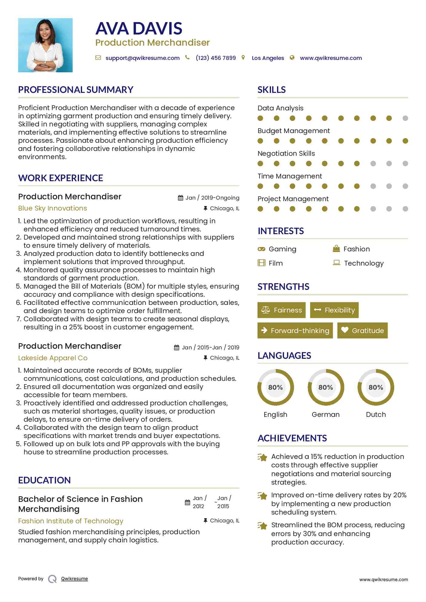Production Merchandiser Resume Sample