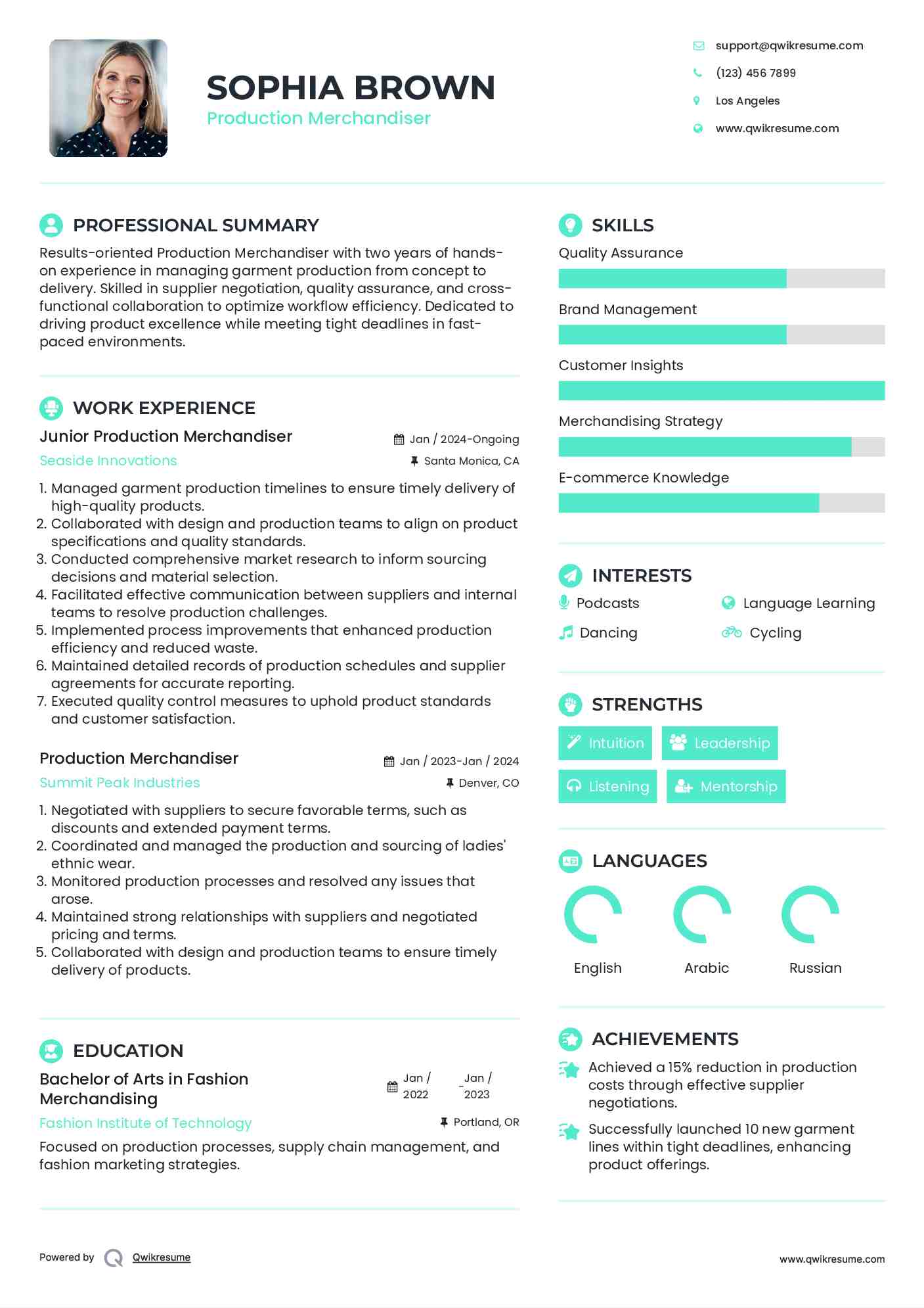 Junior Production Merchandiser Resume Model