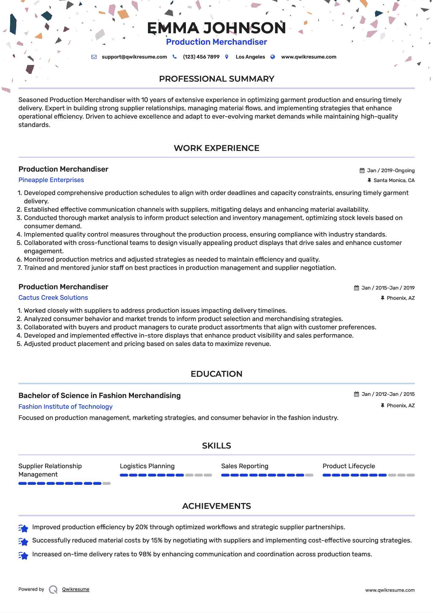 Production Merchandiser Resume Example