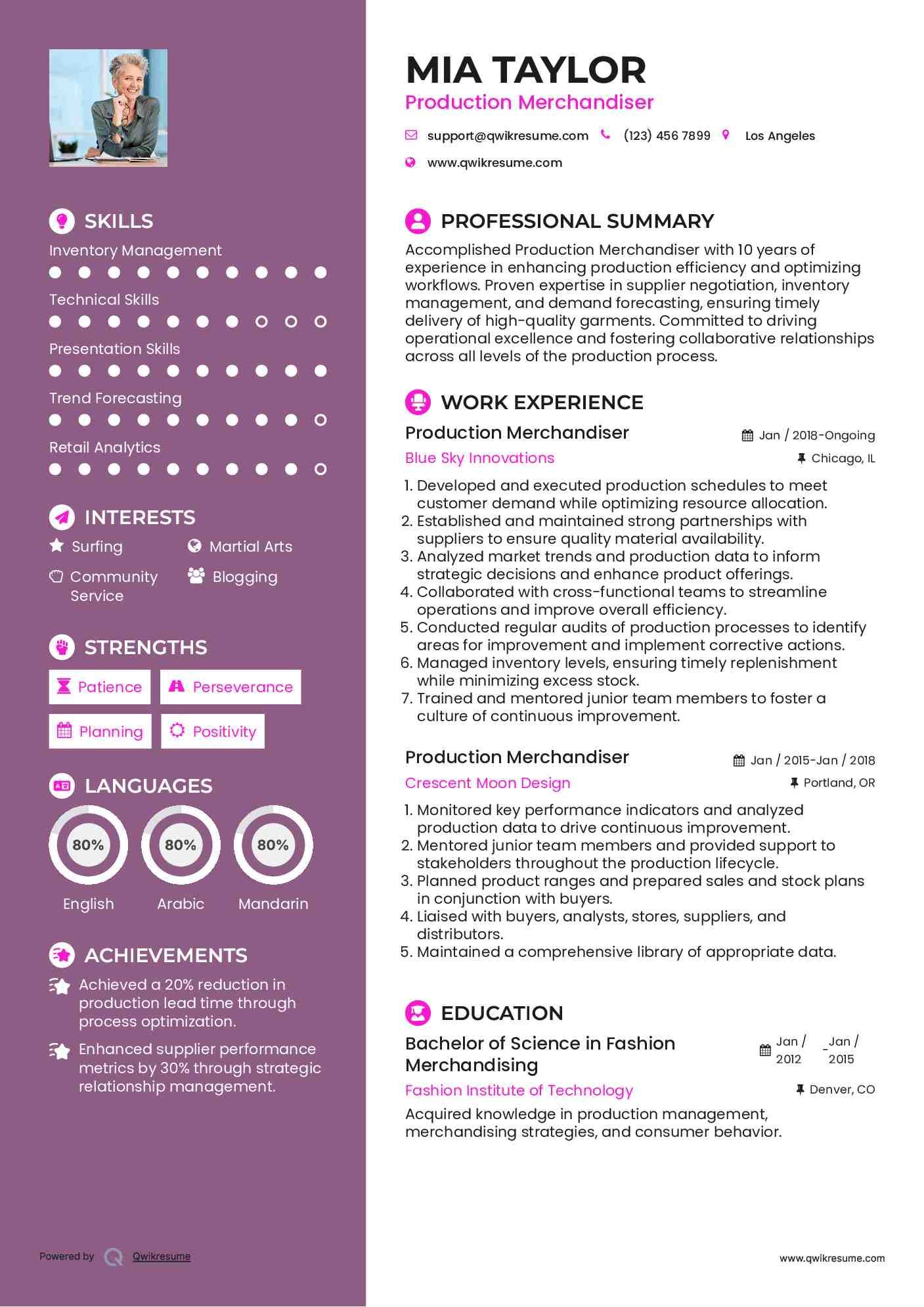 Production Merchandiser Resume Format