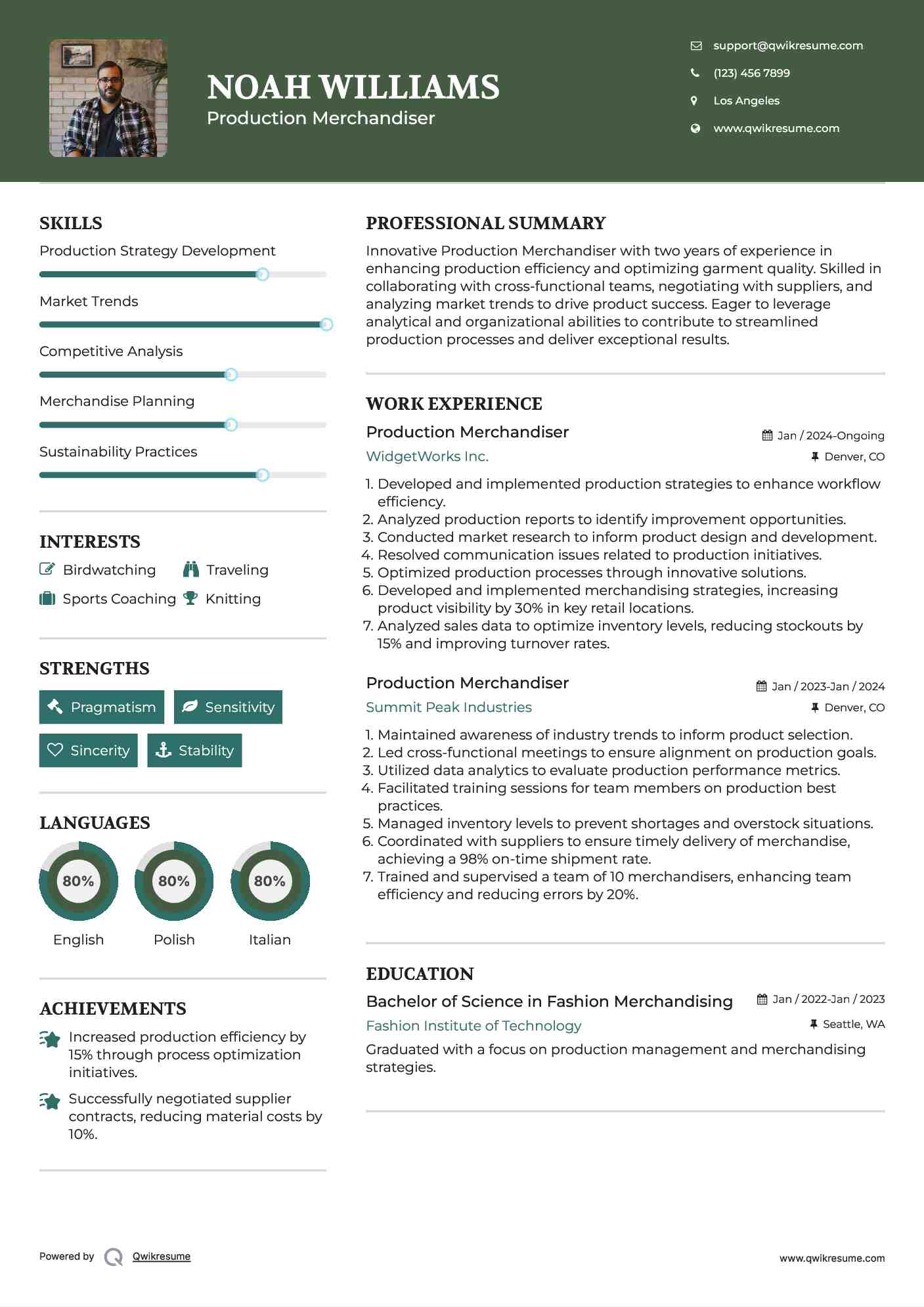 Production Merchandiser Resume Sample