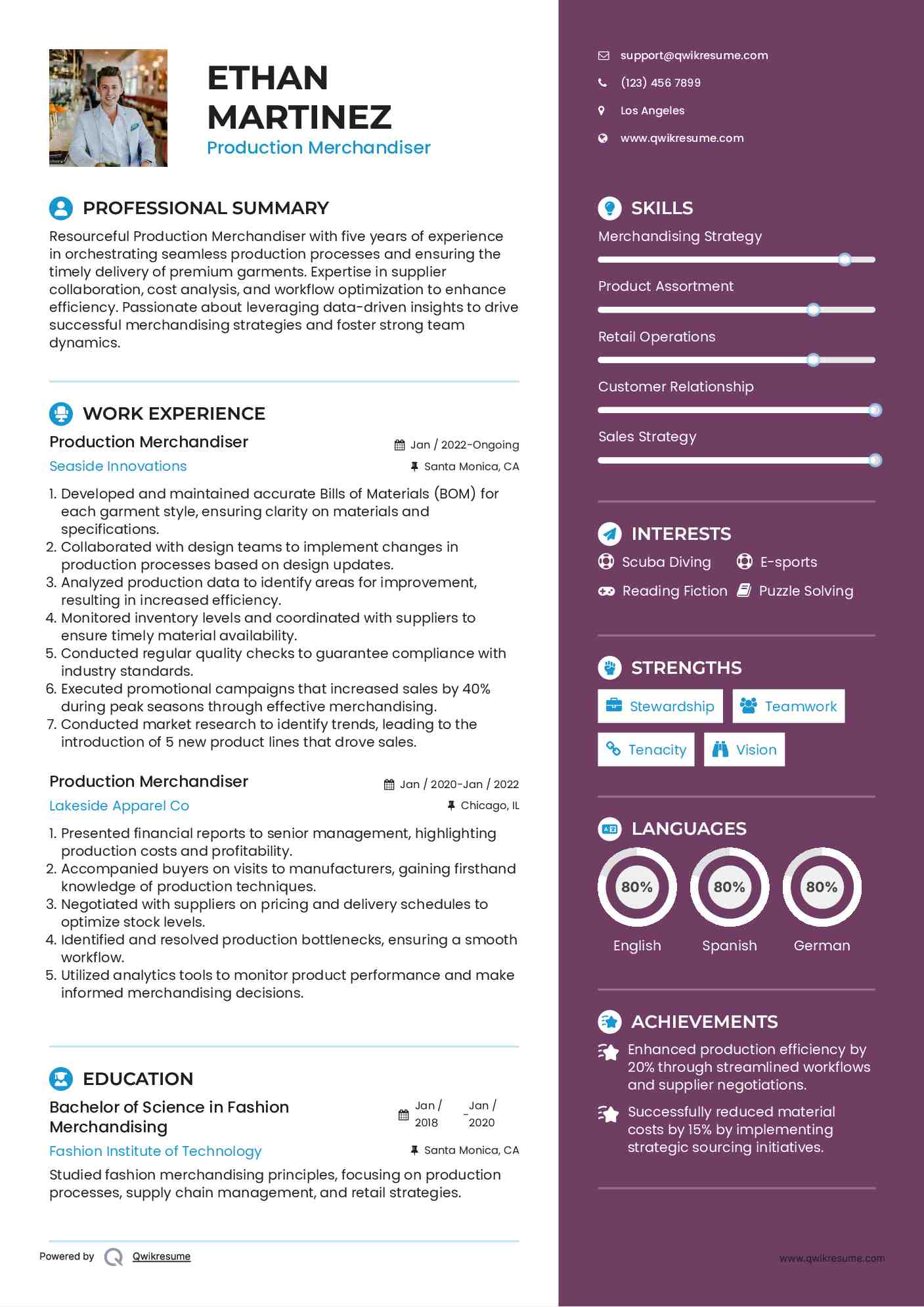 Production Merchandiser Resume Sample