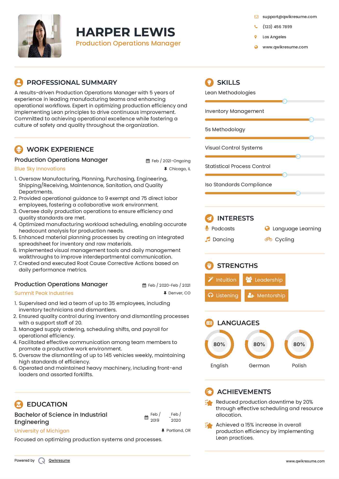 Production Operations Manager Resume Format