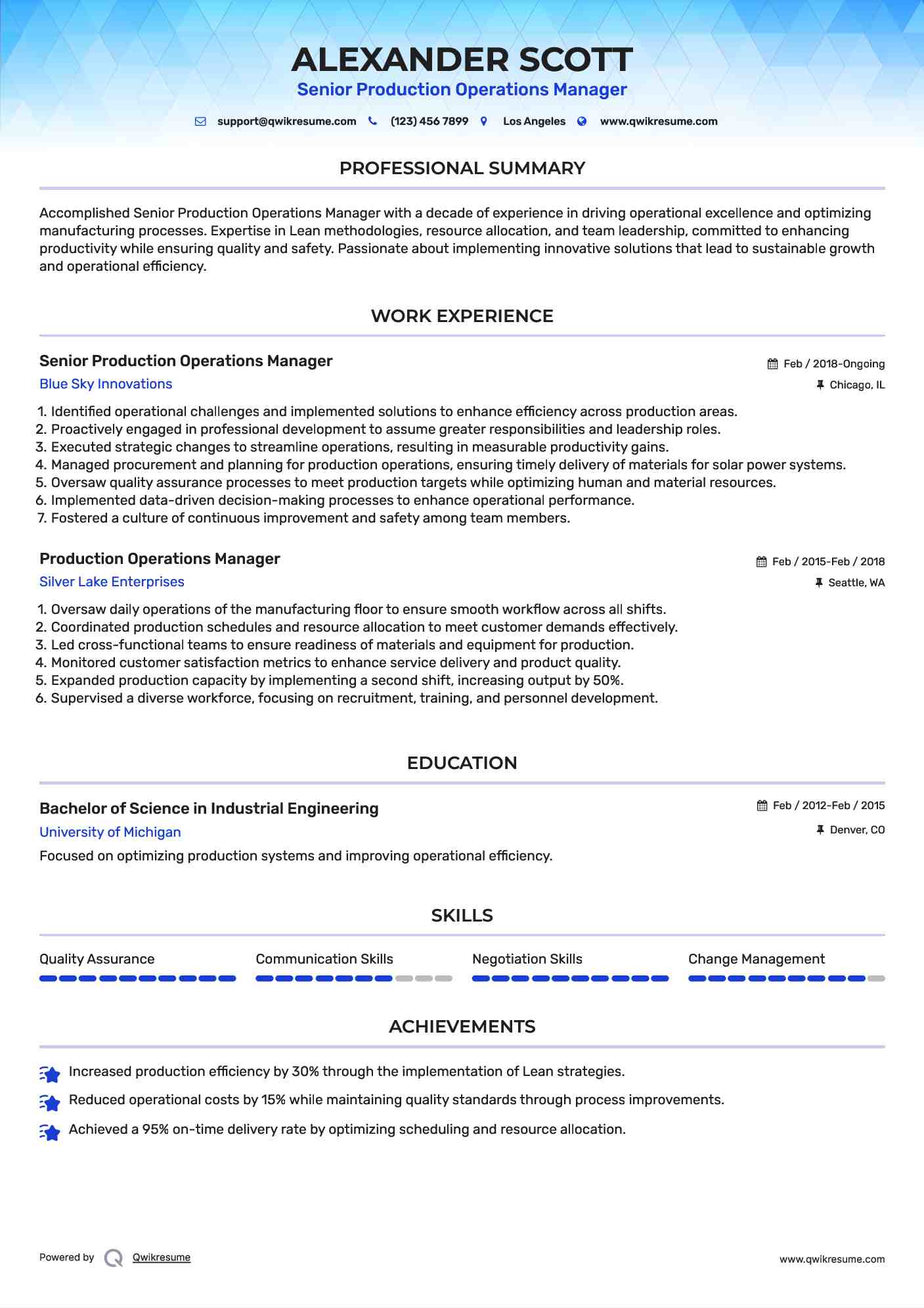 Senior Production Operations Manager Resume Format