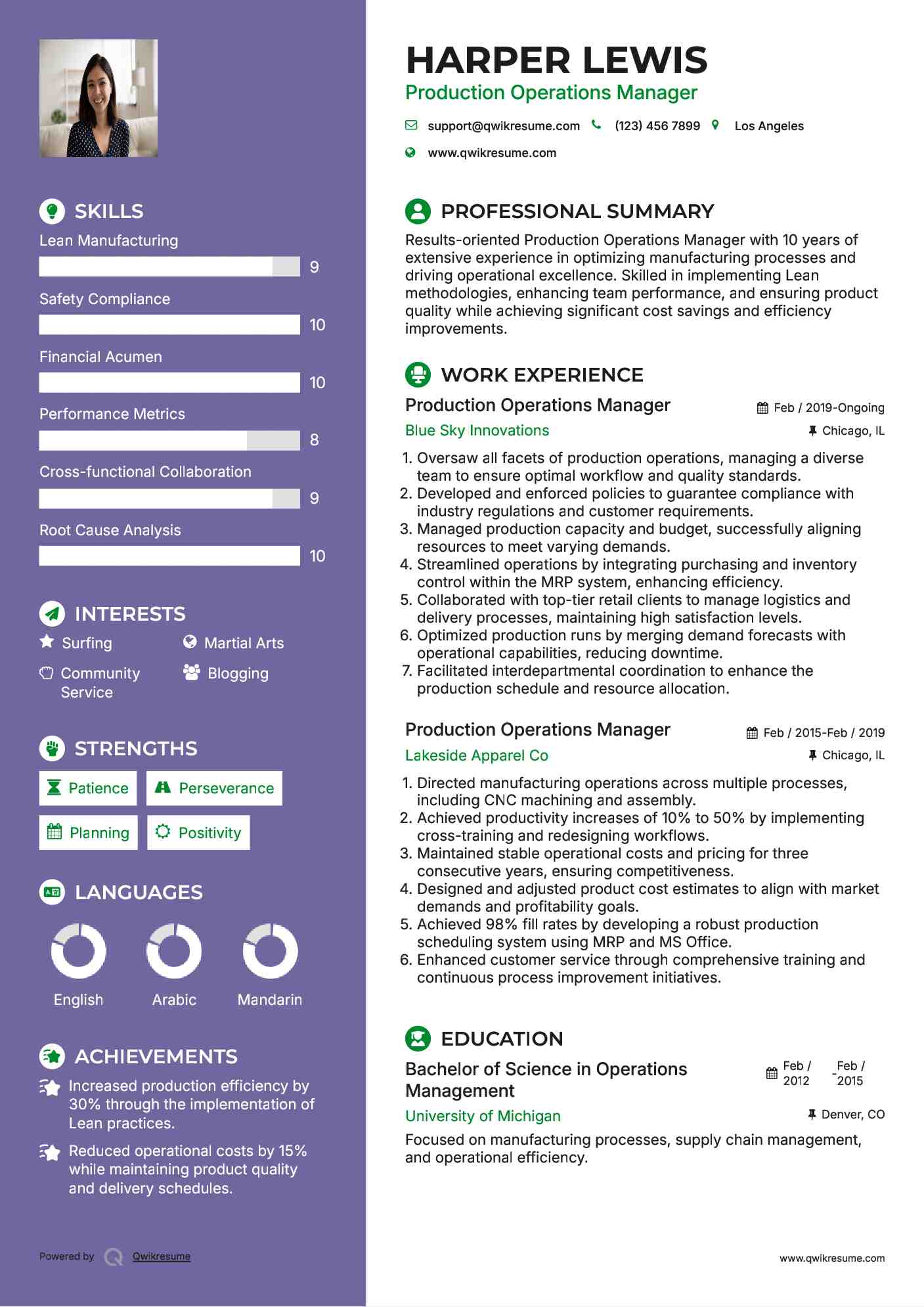 Production Operations Manager Resume Template