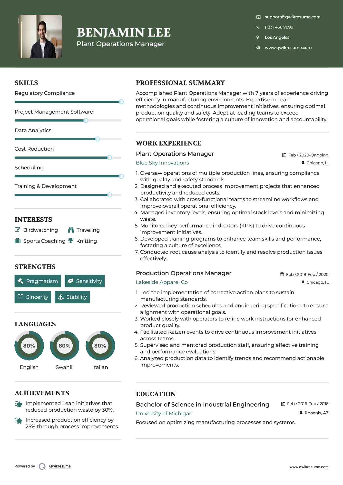 Plant Operations Manager
 Resume Template