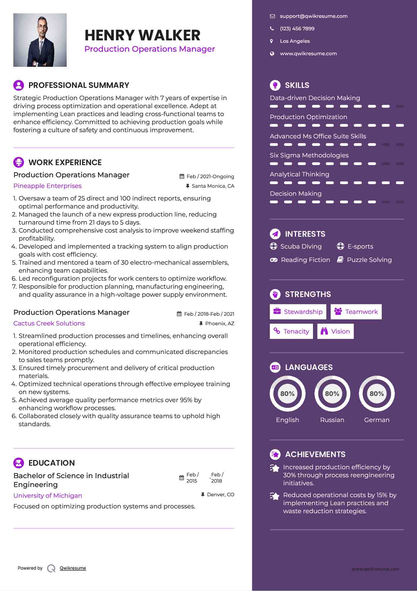 Production Operations Manager Resume Sample