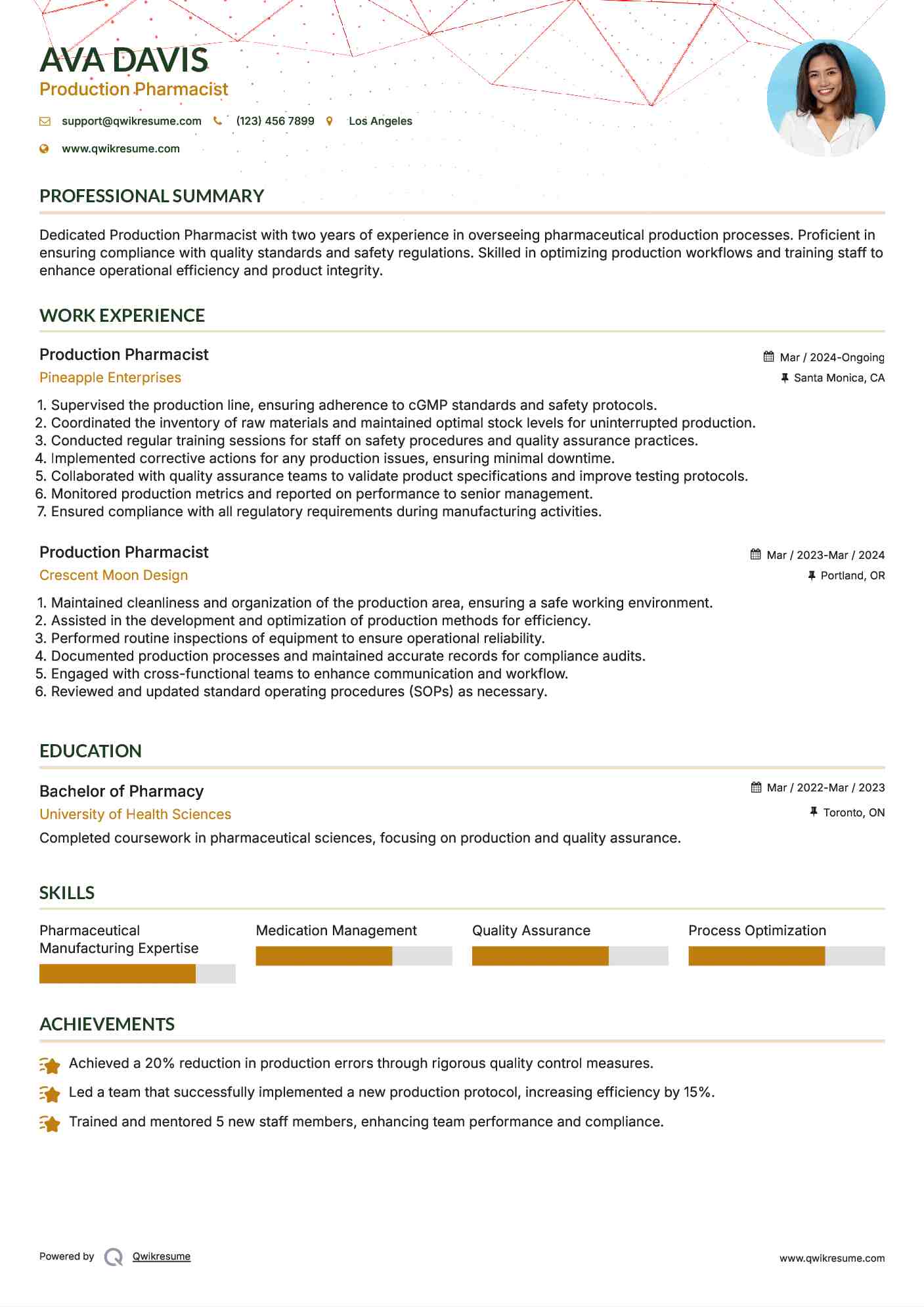Production Pharmacist Resume Model