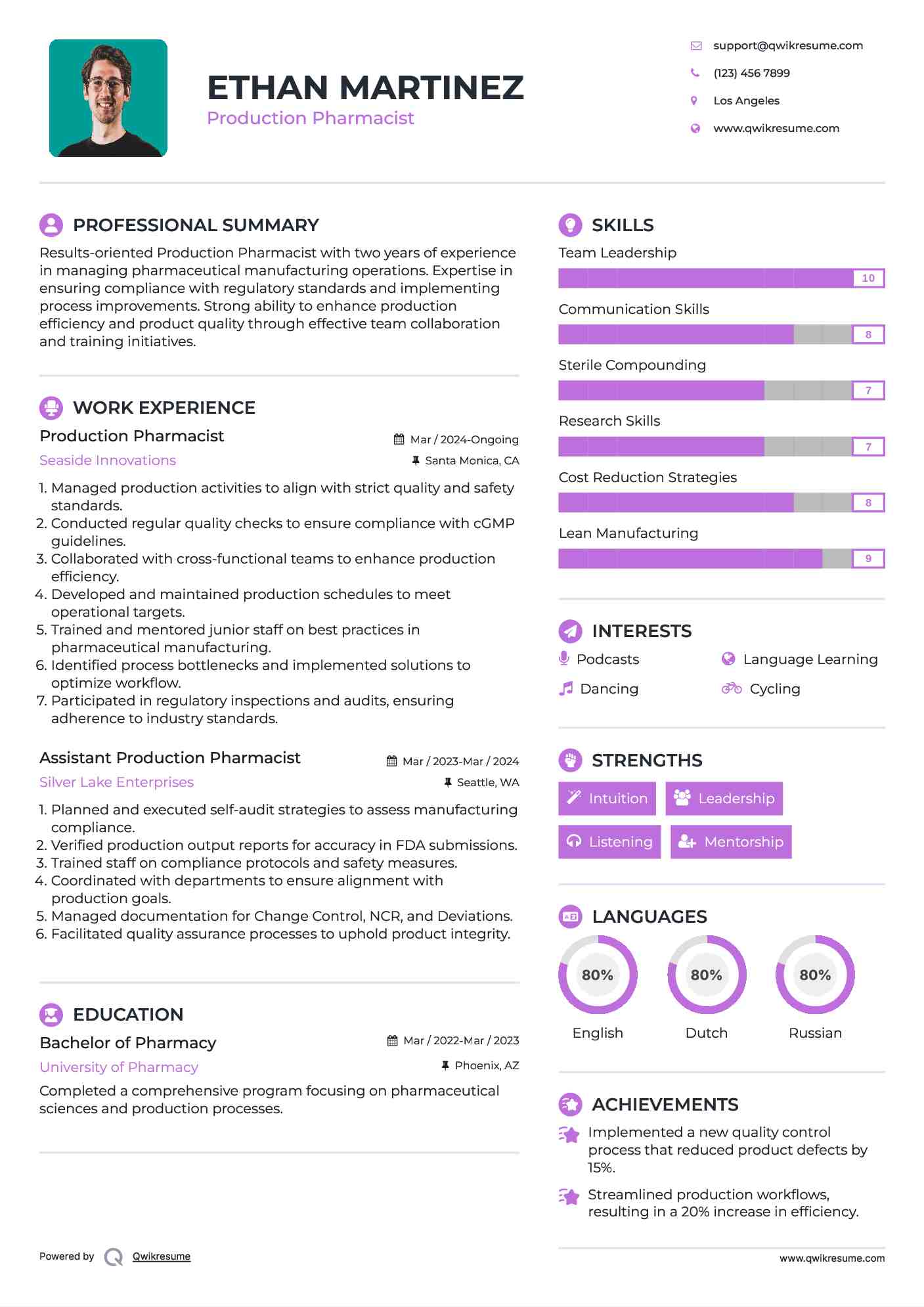 Production Pharmacist Resume Template