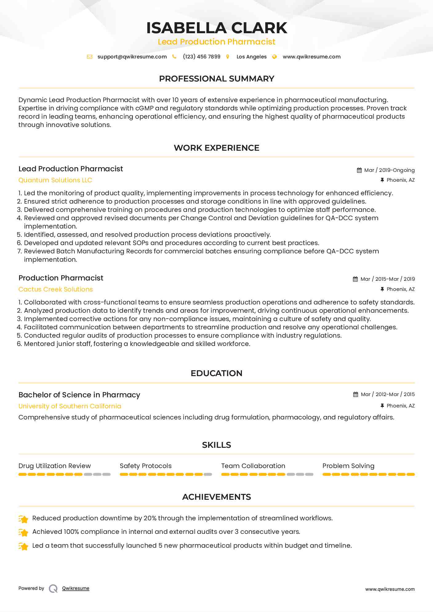 Lead Production Pharmacist  Resume Format