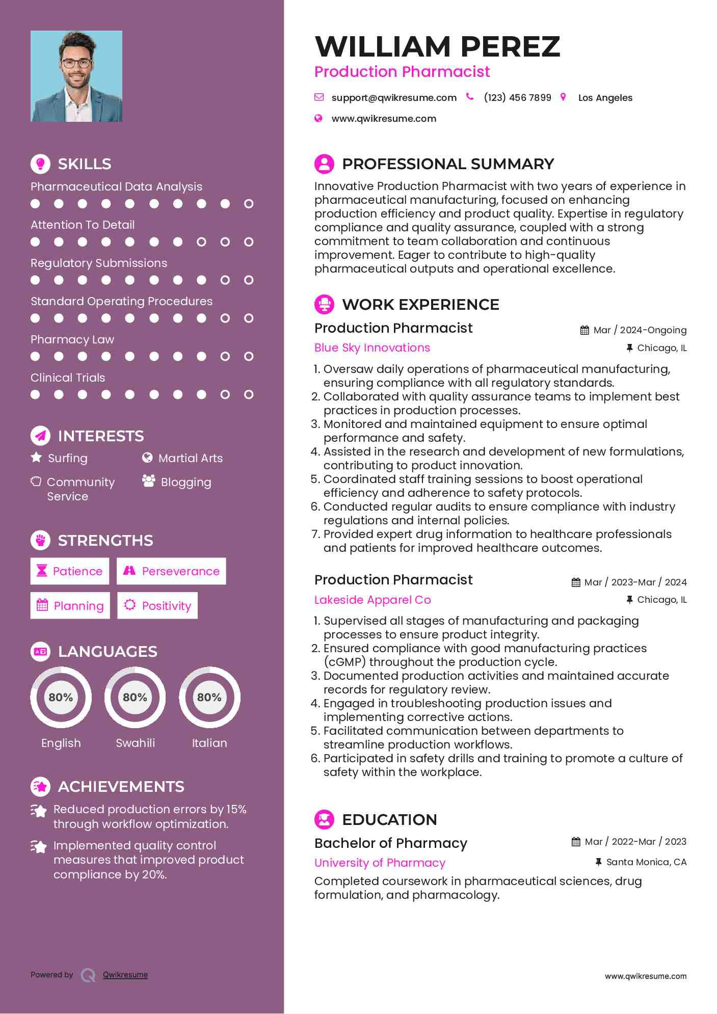 Production Pharmacist Resume Example