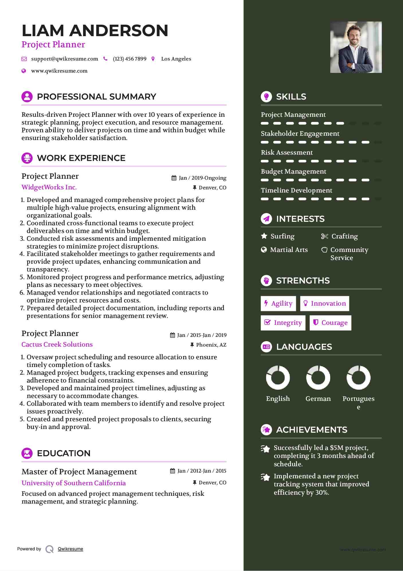 Project Planner Resume Samples QwikResume