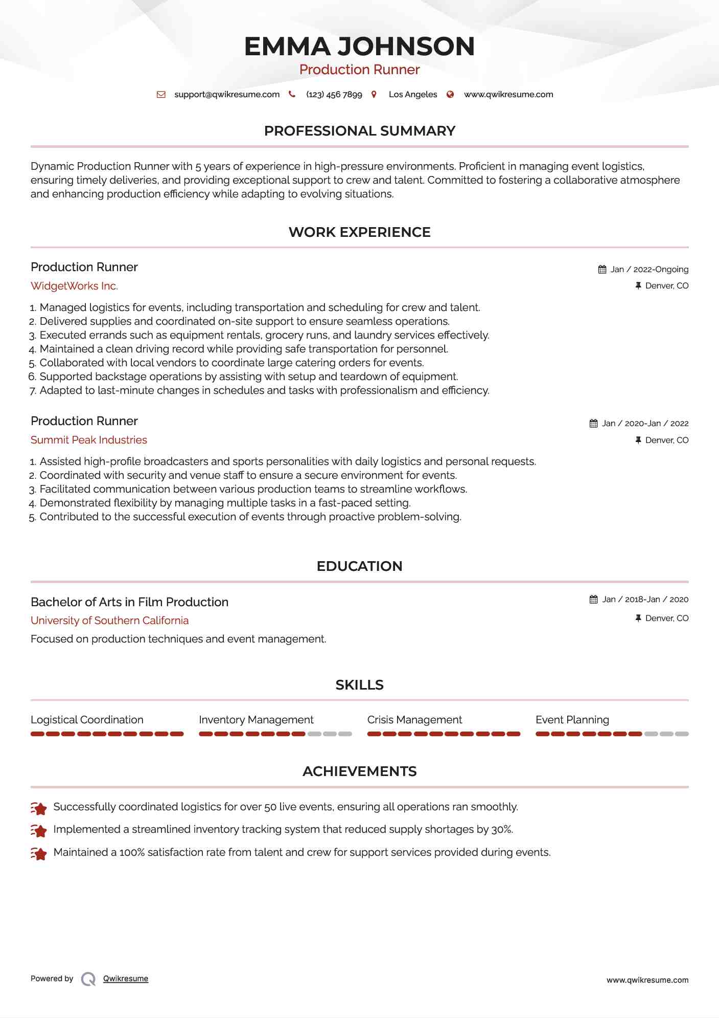 Production Runner Resume Samples QwikResume