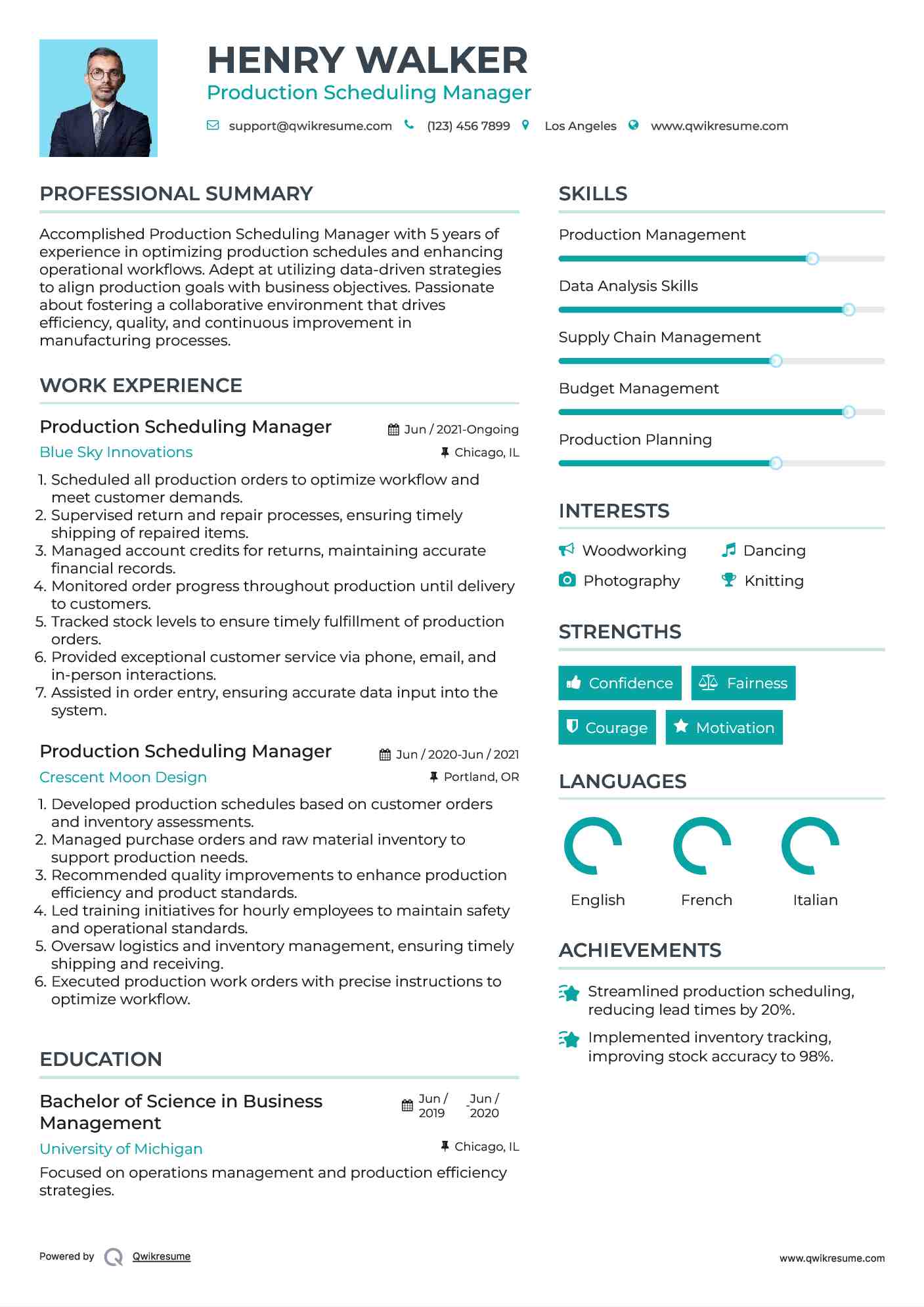 Production Scheduling Manager Resume Sample