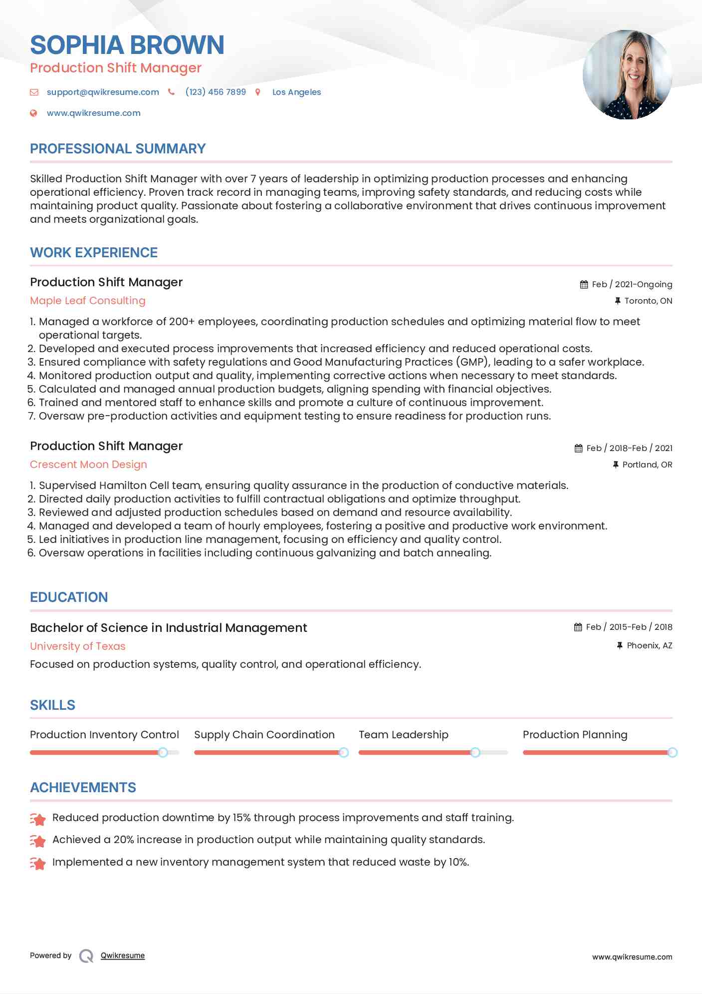 Production Shift Manager Resume Samples QwikResume