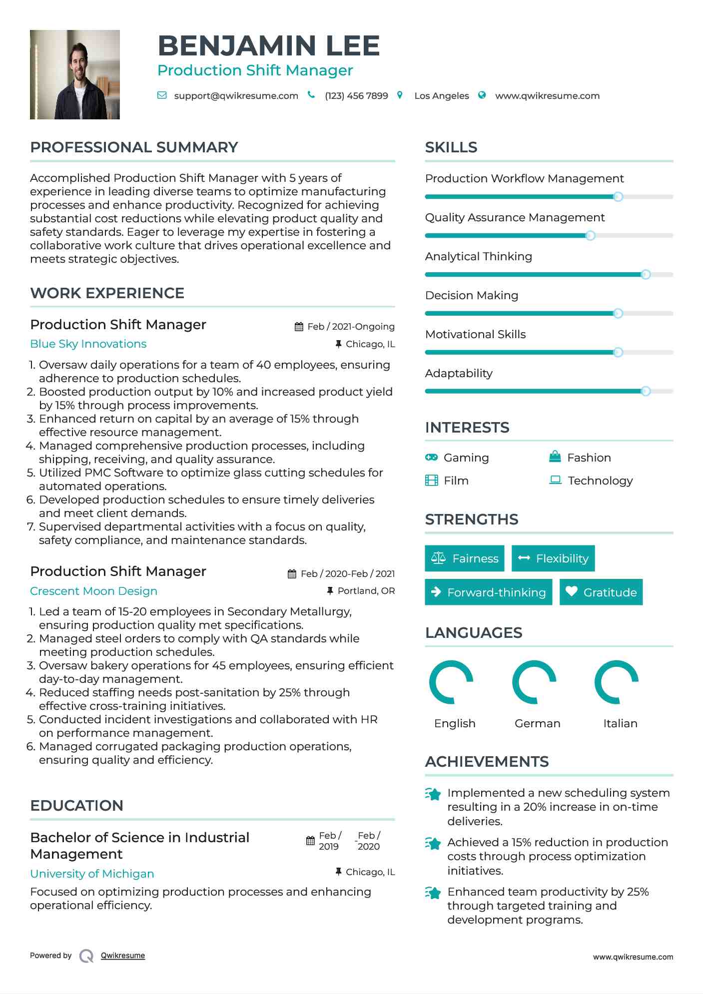 Production Shift Manager Resume Format