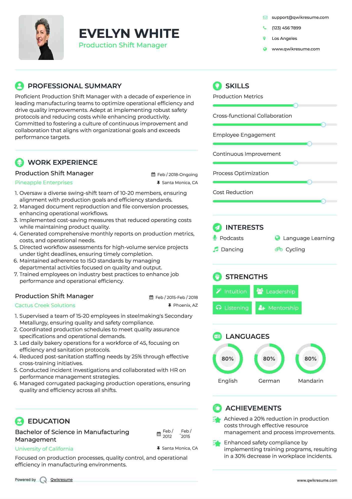 Production Shift Manager Resume Model