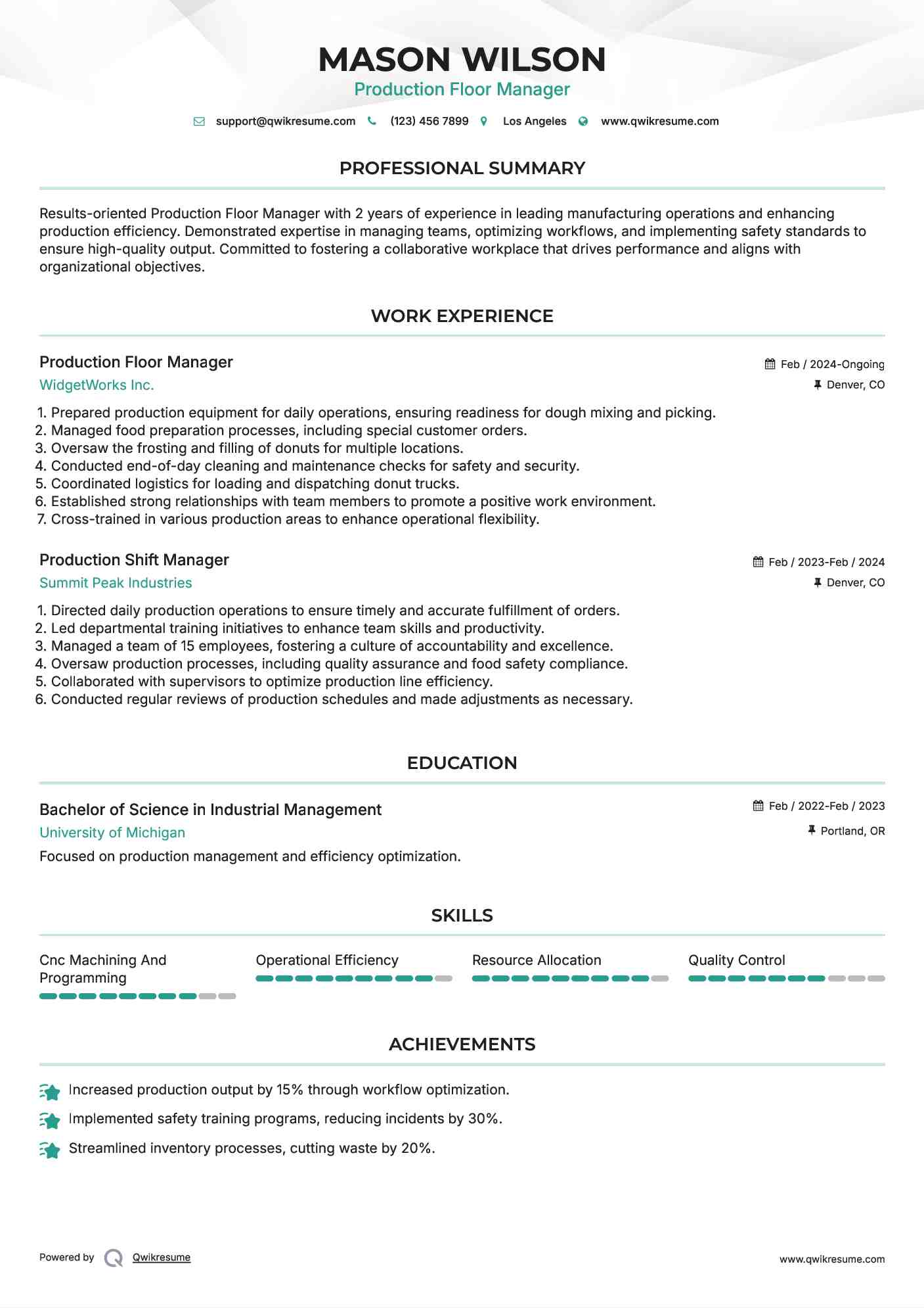 Production Floor Manager Resume Sample
