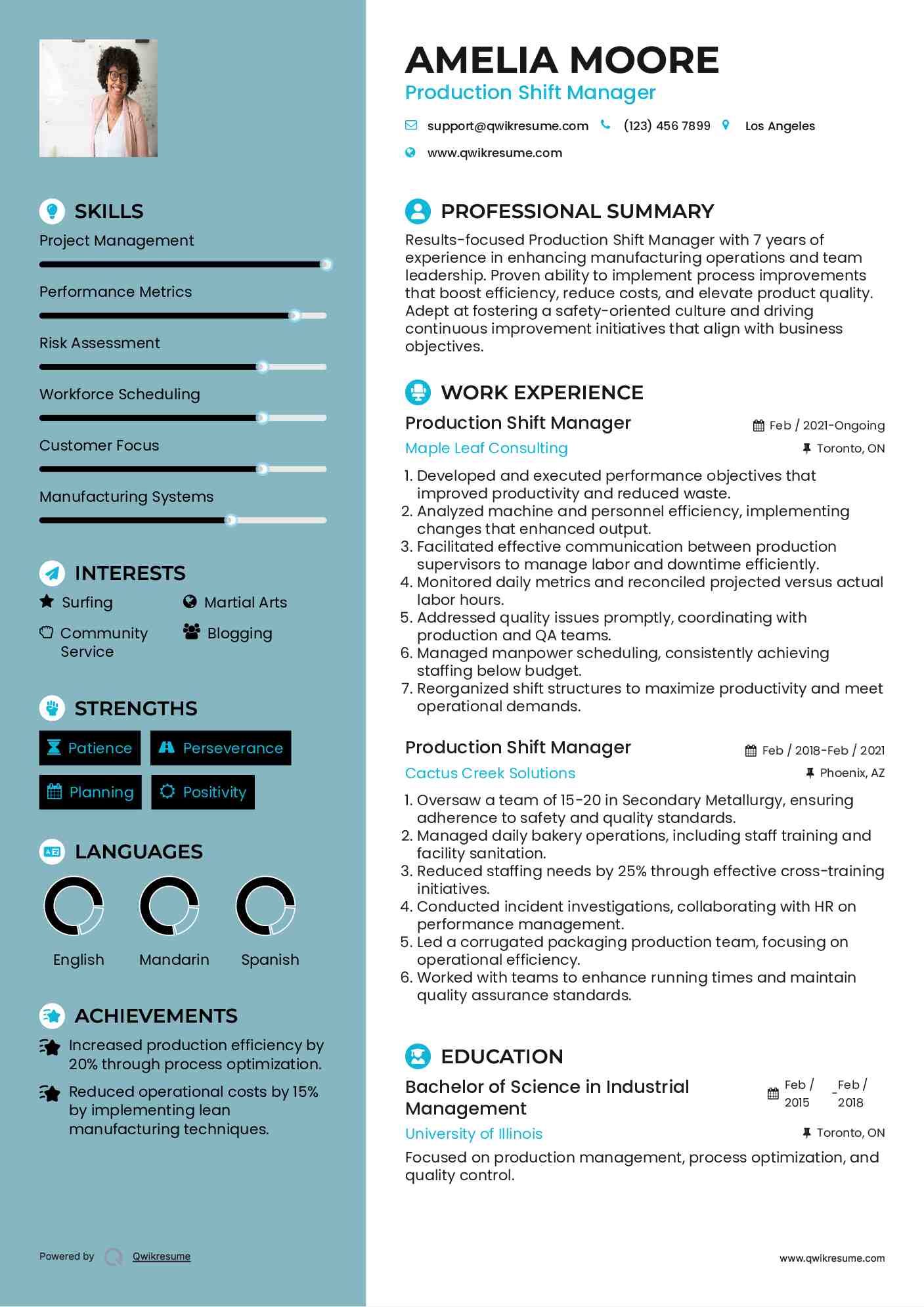 Production Shift Manager Resume Sample