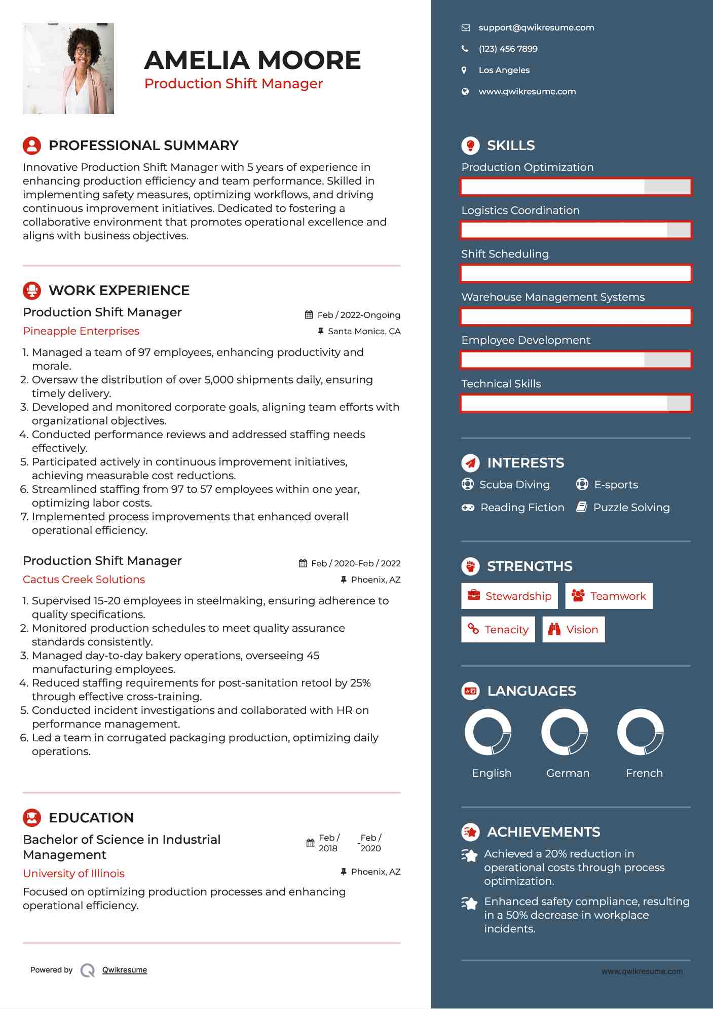 Production Shift Manager Resume Template