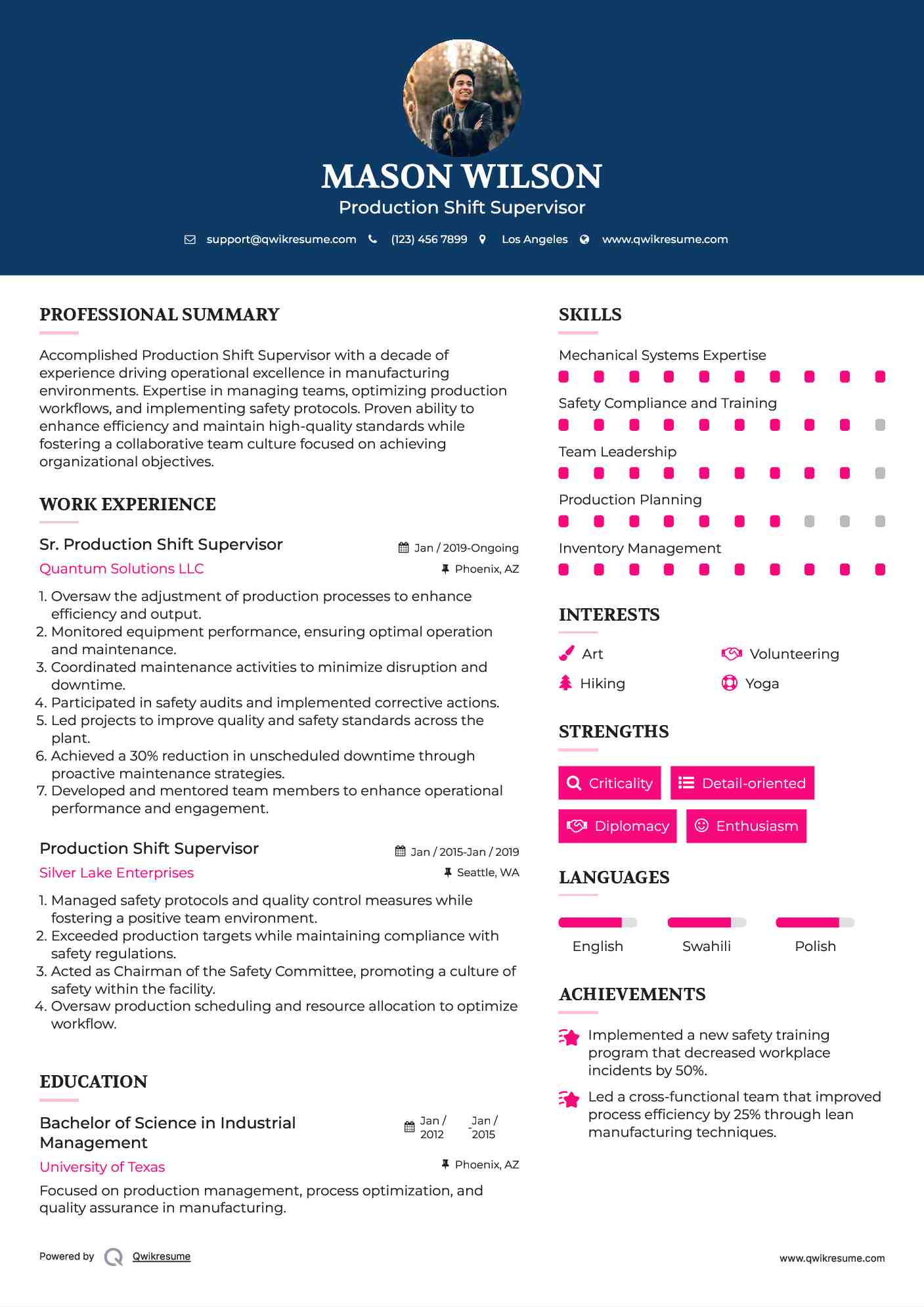 Sr. Production Shift Supervisor Resume Example