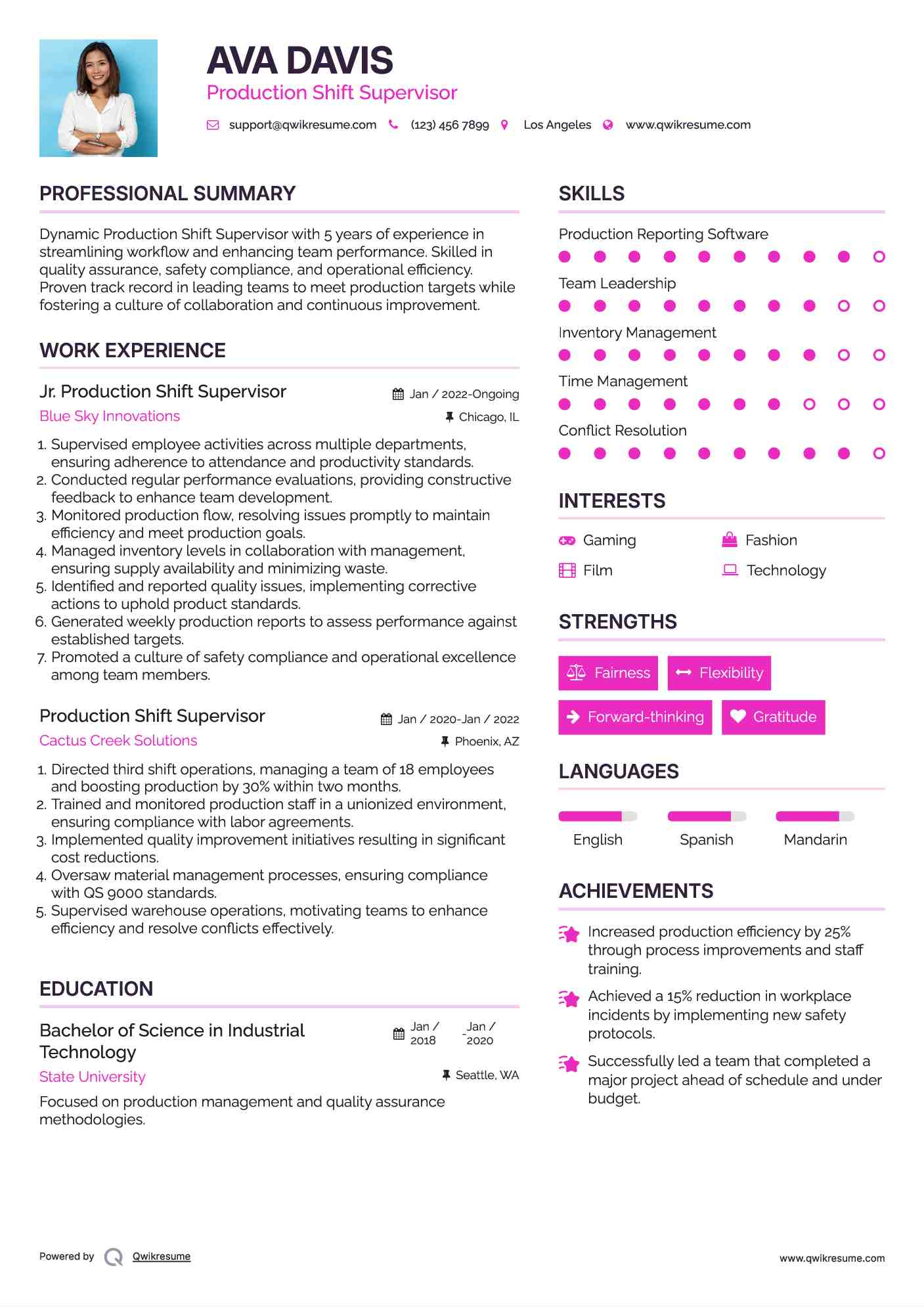 Jr. Production Shift Supervisor Resume Sample