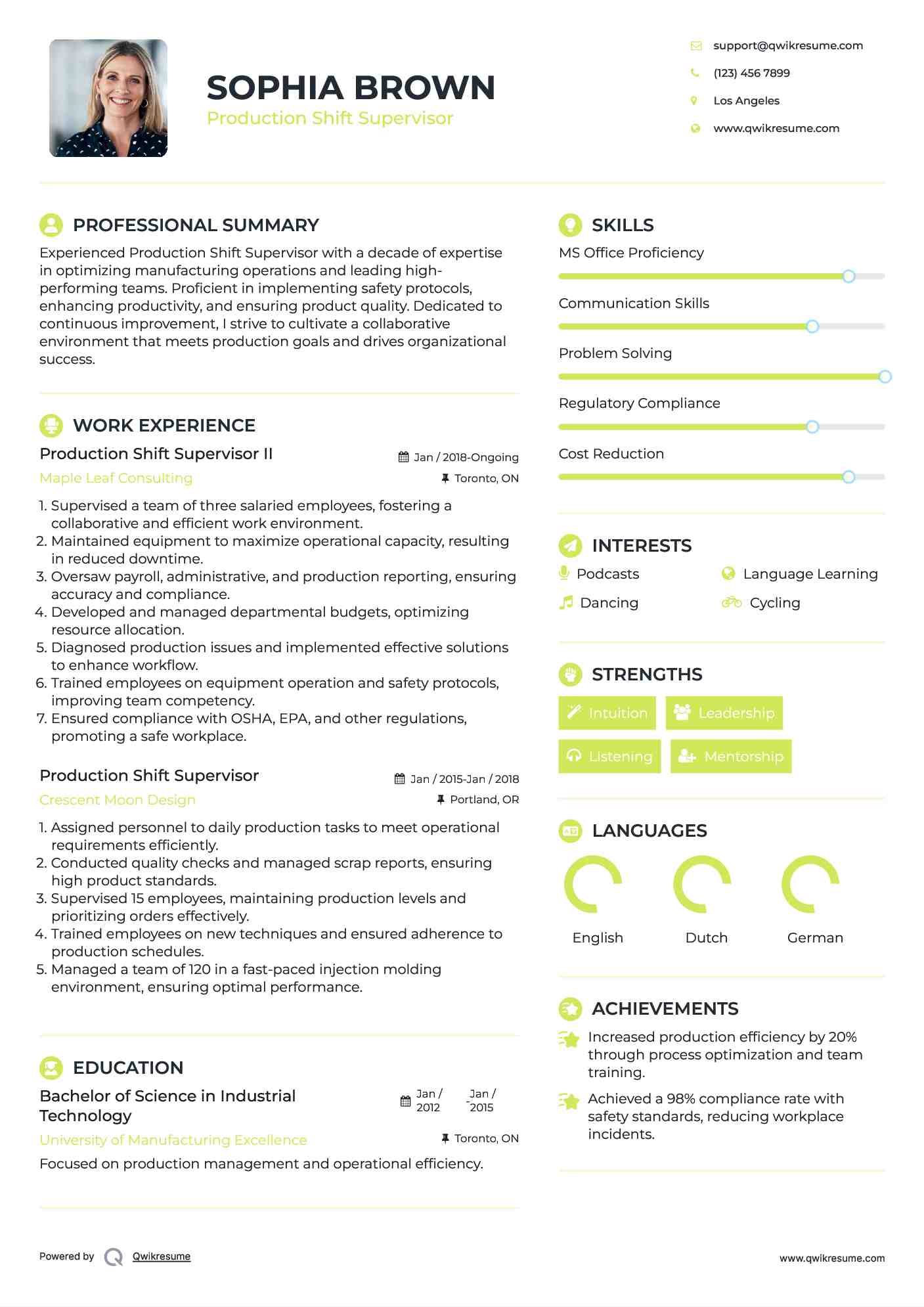 Production Shift Supervisor II Resume Template